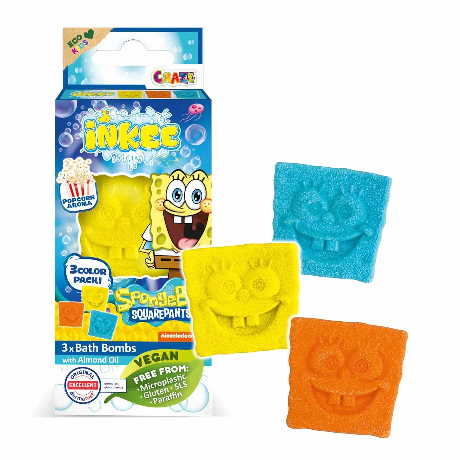 INKEE Mini Pack SpongeBob, Zestaw 3 Pompy Do Kąpieli Dla Dzieci Z Kształtami Jego Postacie SpongeBob I Aromat Popcorn, Bezpieczna Zabawa
