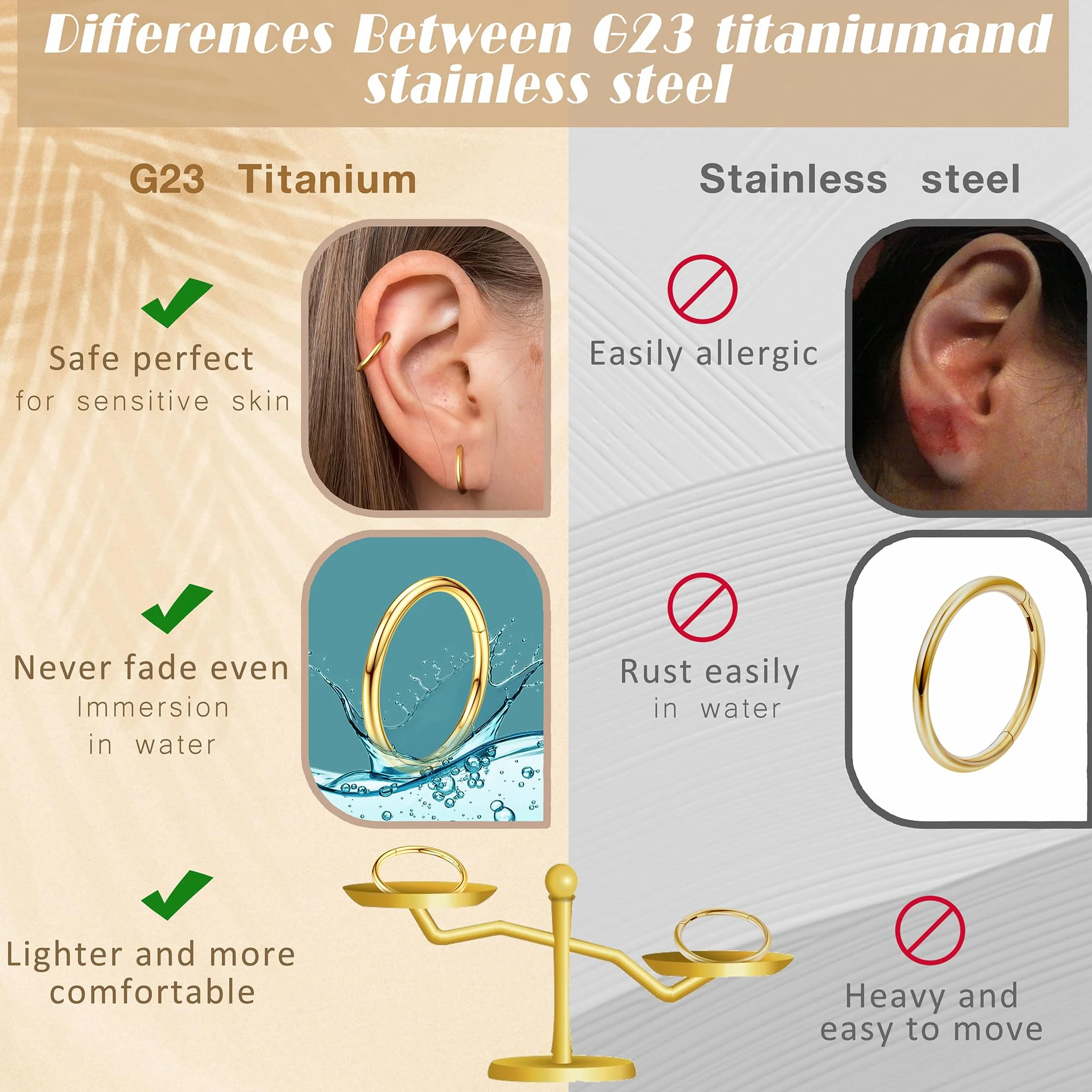 Diamday G23 tytanowe kolczyki do nosa, 20 g, 18 g, 16 G, bezszwowe pierścienie do nosa, hipoalergiczne kolczyki typu sepper, piercing wargi, do Daith Conch, Tragus Rook, kolor złoty/srebrny