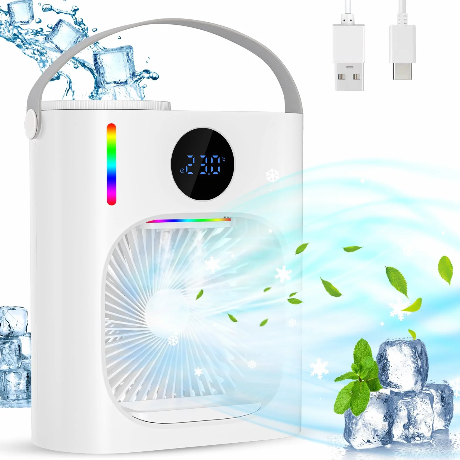 GuKKK Mobilny klimatyzator, przenośny klimatyzator 900 ml, 4 w 1 wentylator chłodzący, mini wentylator powietrza, 3 prędkości, 2 tryby mgiełki, mini klimatyzator do sypialni lub biura