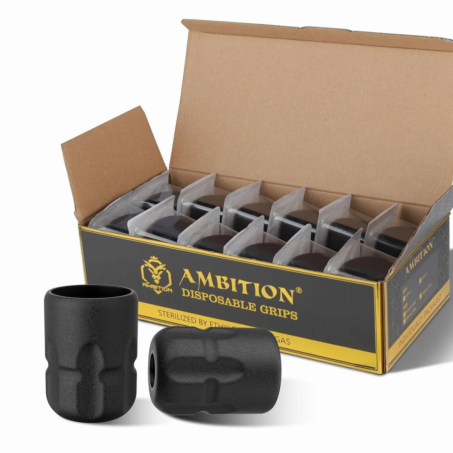 Ambition Soldier P2 Jednorazowe uchwyty do tatuażu - 12 szt. Gumowy uchwyt do tatuażu 38 mm z systemem regulacji kliknięcia dla maszyn do tatuażu Soldier, Soldier Max, Zetton, 32 mm Torped i Shura