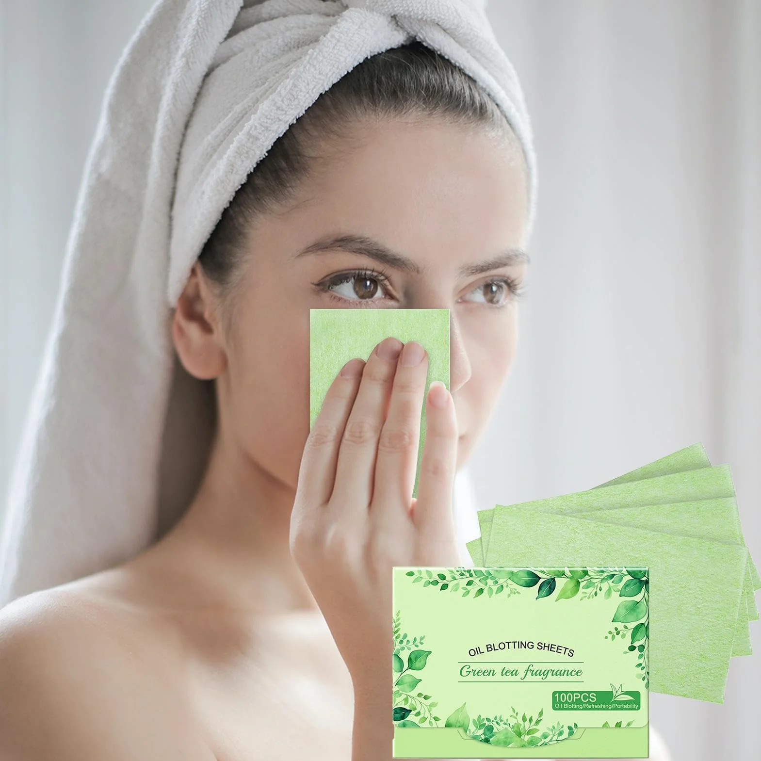Oil Blotting Sheets, Face Absorbing Paper, Shine Makeup Friendly Pads, Gentle Non-Sticky Texture, 100 Count Wipes, Ideal for Freshening, Oily Skin Control, Green