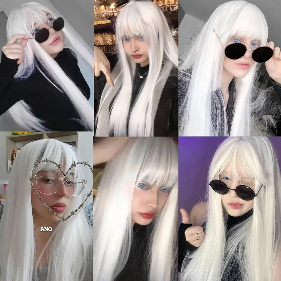 Białe, długie, syntetyczne peruki z grzywką, gładka peruka , cosplay, białe włosy, syntetyczne, odporne na wysokie temperatury, do codziennego użytku na imprezach (kolor niebieski)