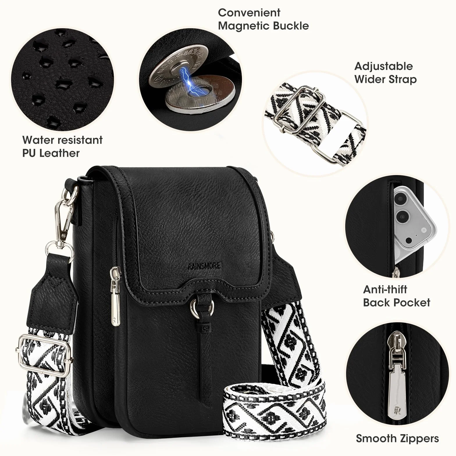 RAINSMORE Torba na ramię damska miękka torba na ramię ze skóry PU wodoodporna torba na telefon crossbody damskie torby na ramię torebki z regulowanymi szerokimi paskami