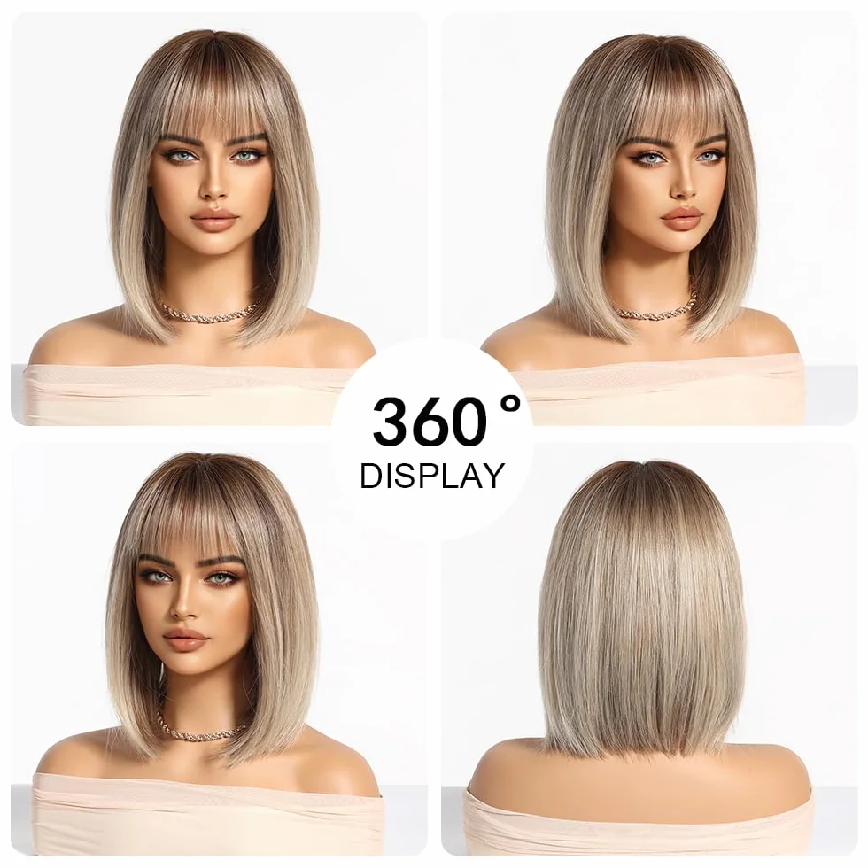 Ombre blond peruka damska krótka bob, prosta peruka syntetyczna dla kobiet, 100% japońskie włókna Kanekalon, na co dzień, imprezę, Halloween