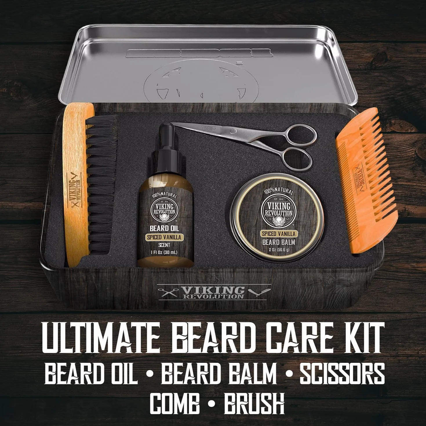 Viking Revolution Ultimate Beard Kit Spiced Vanilla Zestaw Grooming dla mężczyzn z pędzlem, grzebieniem, balsamem, olejem, nożyczkami