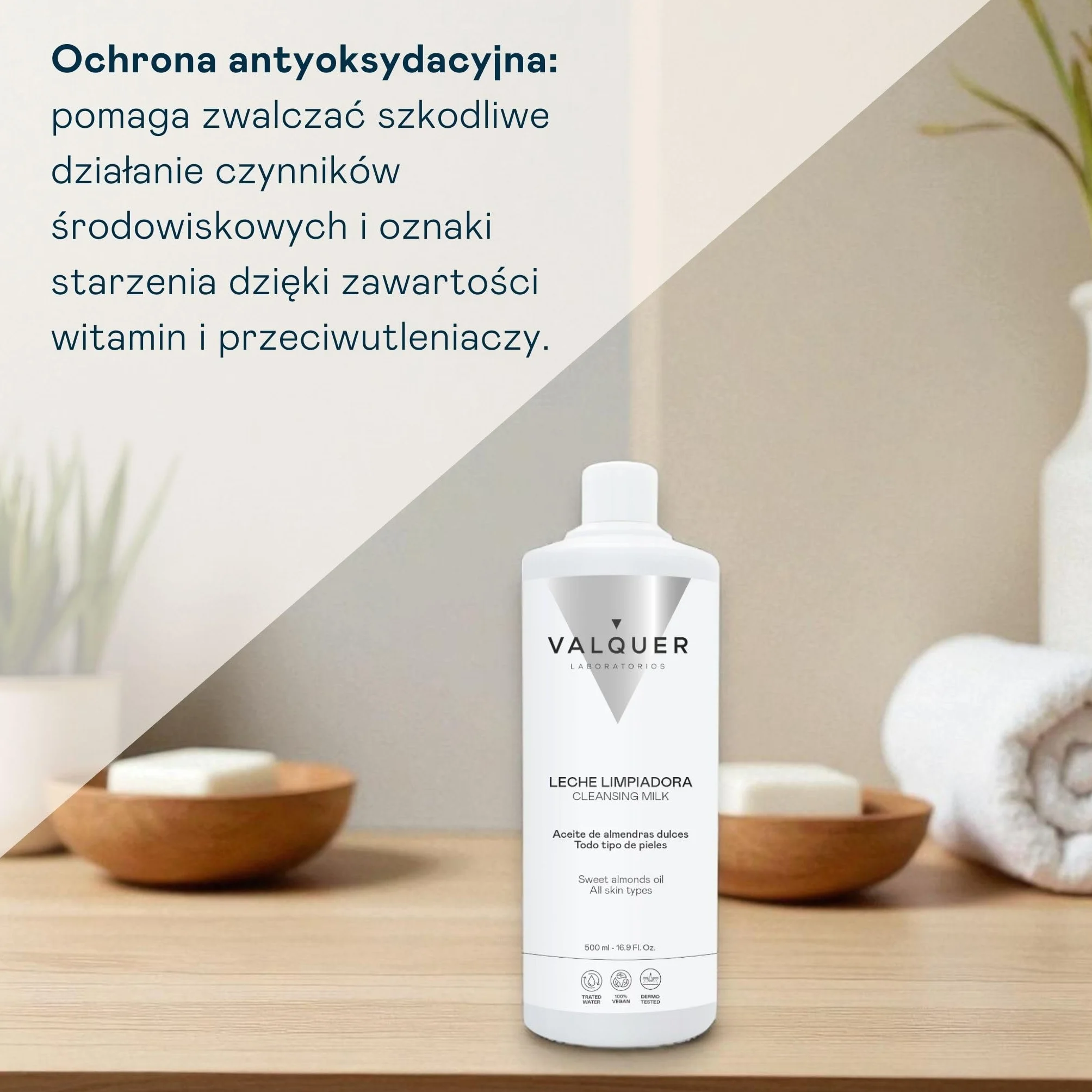 Valquer - Mleczko oczyszczające do twarzy z olejkiem migdałowym, Wegański głęboko oczyszczający płyn do demakijażu, Nawilża i zmiękcza wszystkie rodzaje skóry, 500 ml