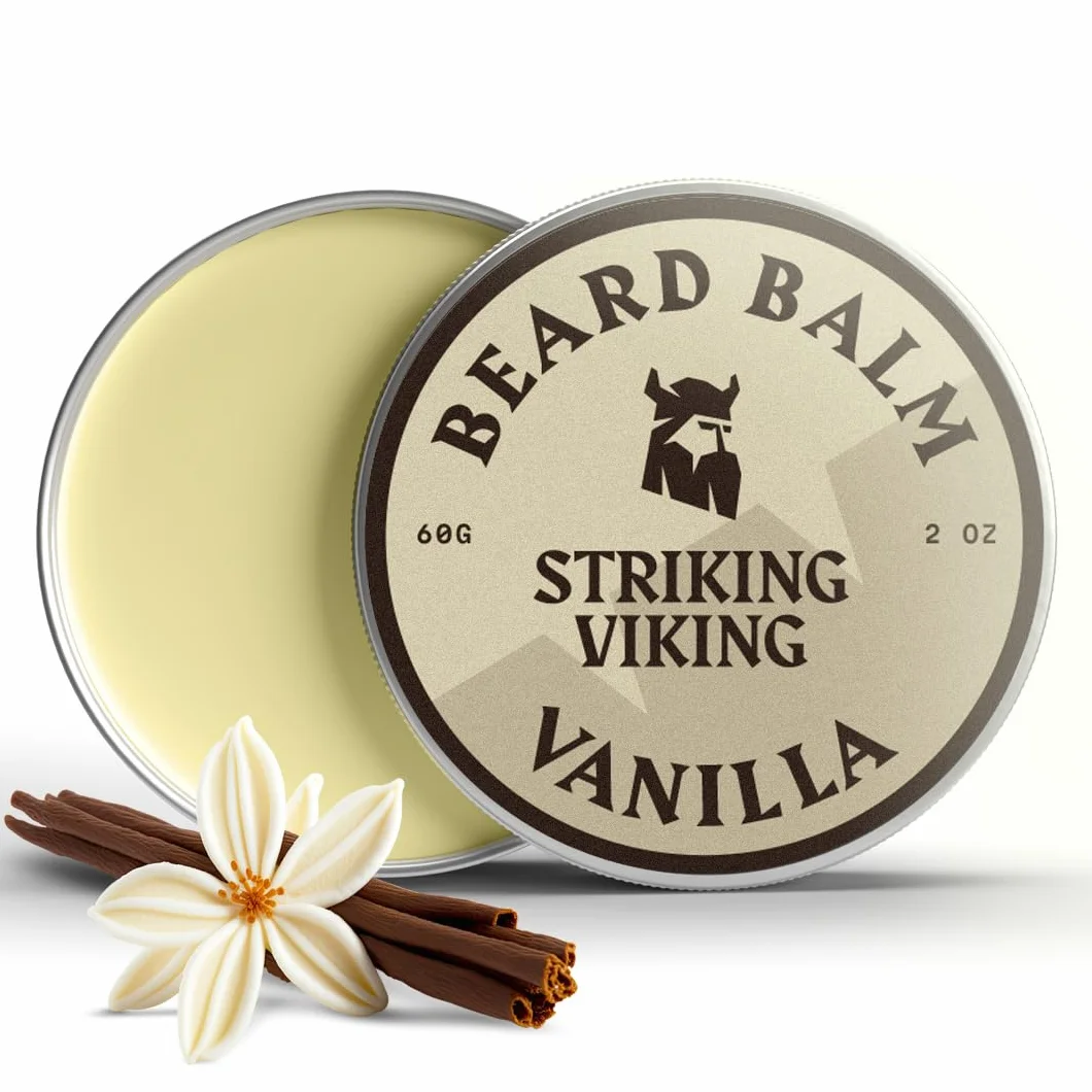 Striking Viking Waniliowy balsam do brody- stylizuje, wzmacnia i zmiękcza brodę i wąsy - naturalny wosk do odżywki do brody z organicznym masłem shea, drzewem herbacianym, olejkami arganowymi i jojoba
