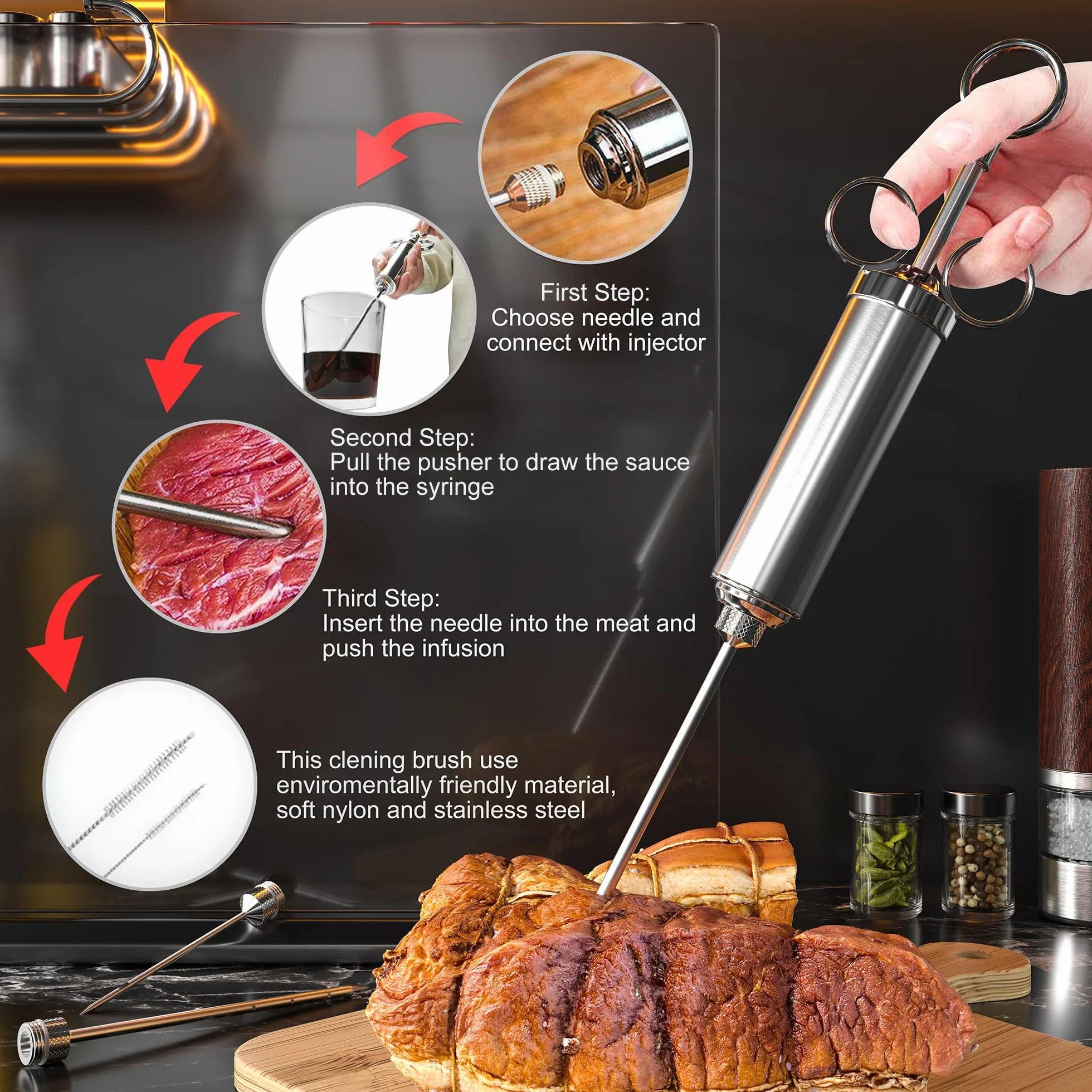 Strzykawka do Mięsa ze Stali Nierdzewnej - 60 ml do Marynowania, Pieczenia BBQ, Przypraw dla Wołowiny, Kurczaka, Wypieków z Dżemem - 3 Igły