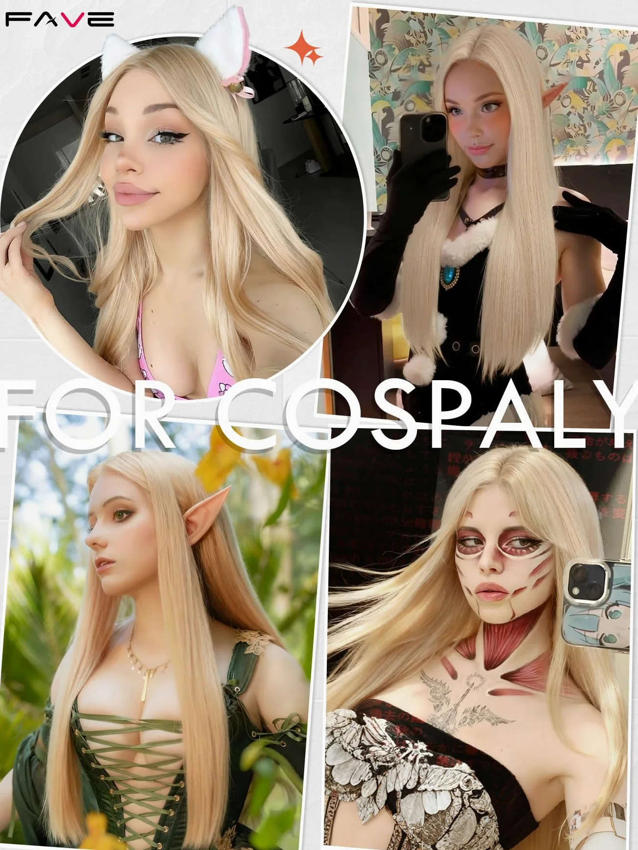 FAVE Peruka blond, 65 cm, damska, długa, odporna na wysokie temperatury, syntetyczna peruka z iluzoryczną koronką, przedziałek na środku, do noszenia na co dzień, do cosplay