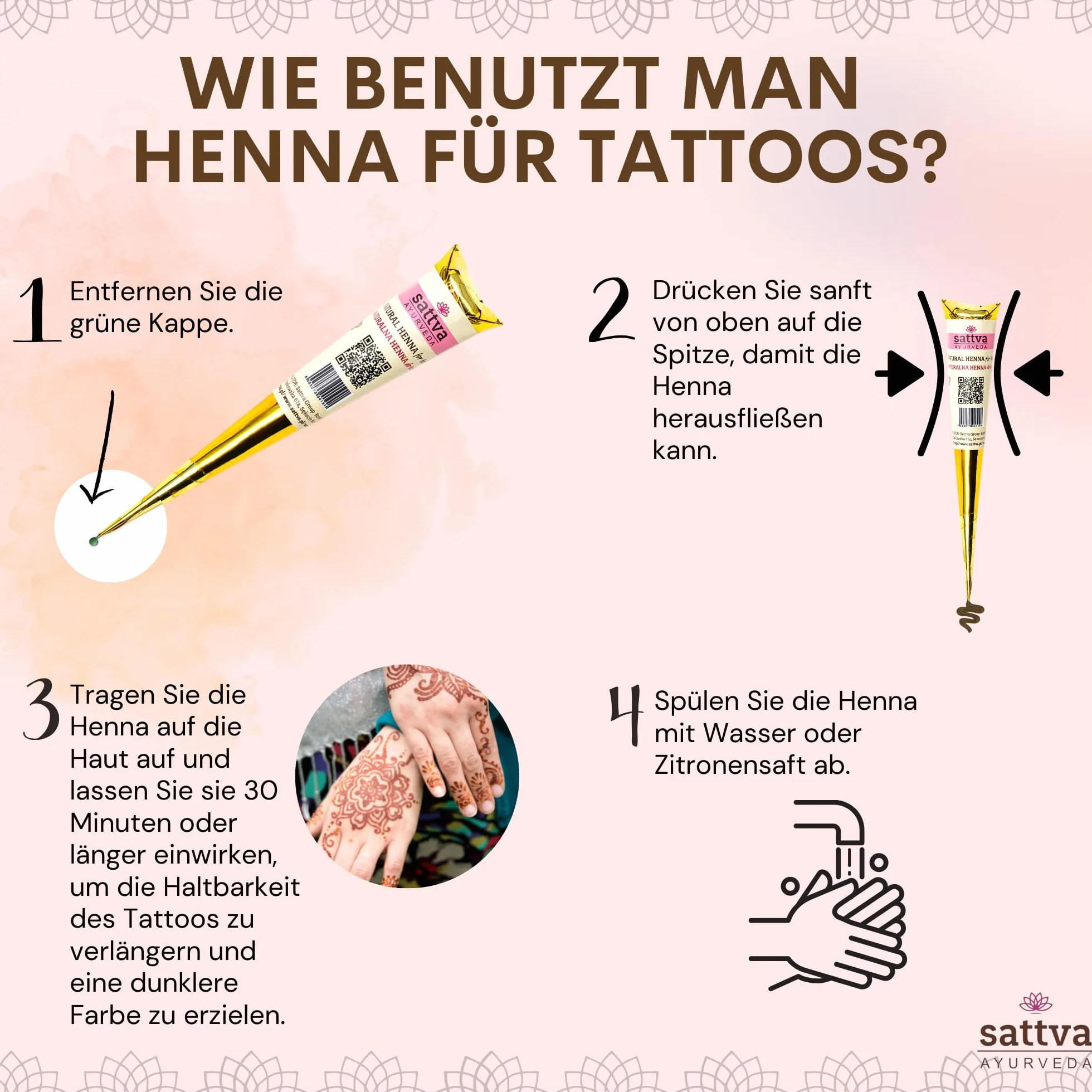 Sattva Ayurveda Henna do tatuażu brąz zestaw 4 rożków 30 g