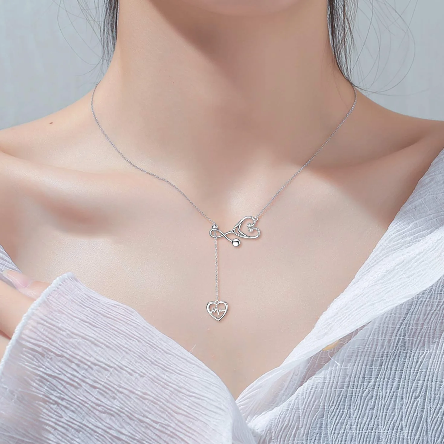 YFN Naszyjnik ze srebra Sterling z motywem stetoskopu, bicie serca EKG, naszyjnik lariat Y dla kobiet, prezent dla lekarza, pielęgniarki (naszyjnik ze stetoskopem lariat)