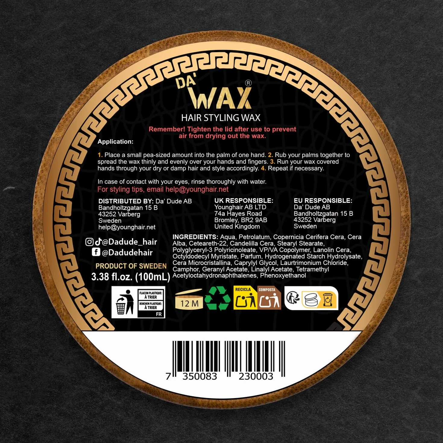 Da'Dude Da Wax 100 ml – Matowy Wosk do Włosów dla Mężczyzn – Mocny Utrwalacz do Stylizacji – Bezalkoholowy