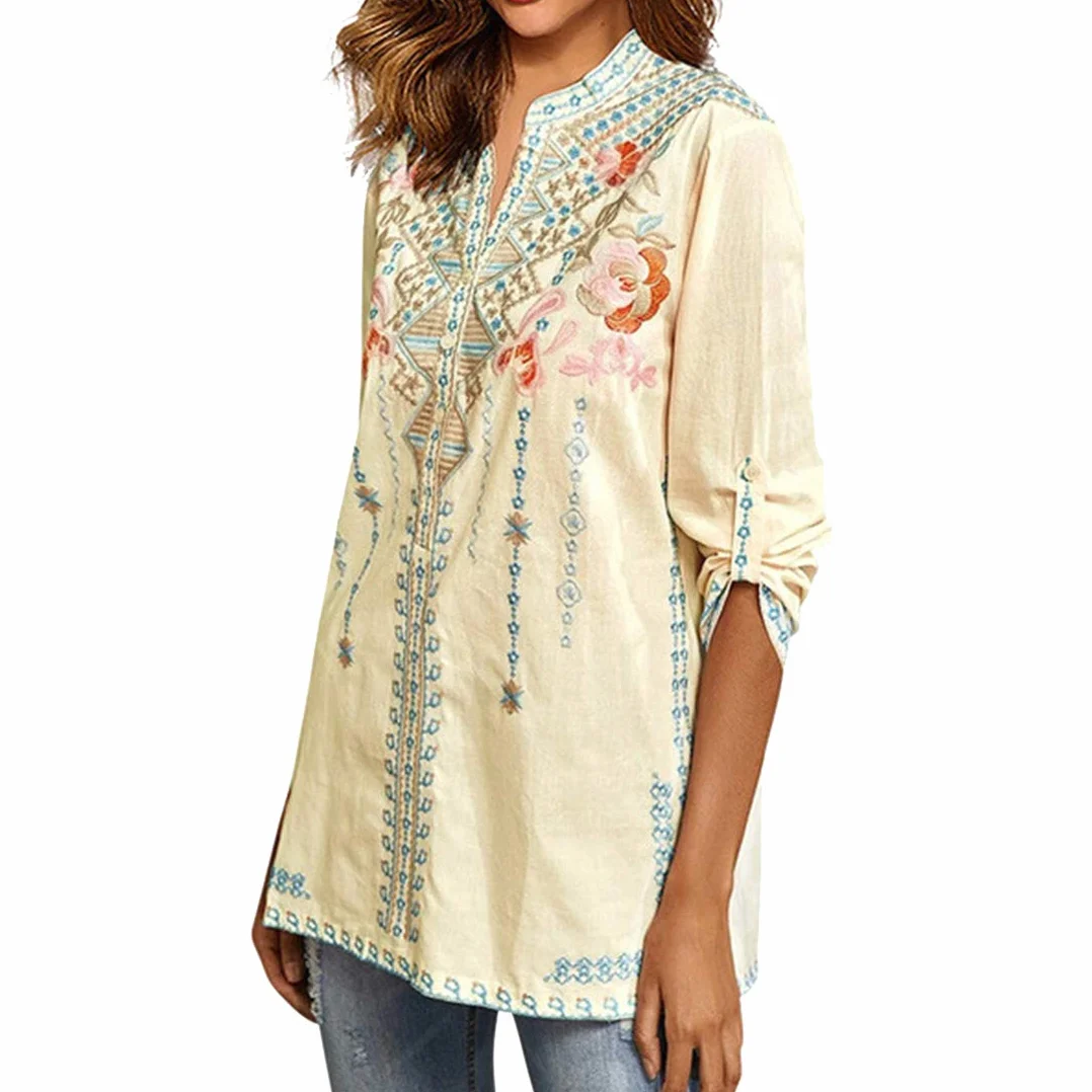 Damskie boho haftowane topy z długim rękawem boho luźna tunika bluzki boho tunika hipisowska haftowane kwiaty luźny T-shirt rękaw rękawy puff guzik stójka kołnierz szyfon koszula