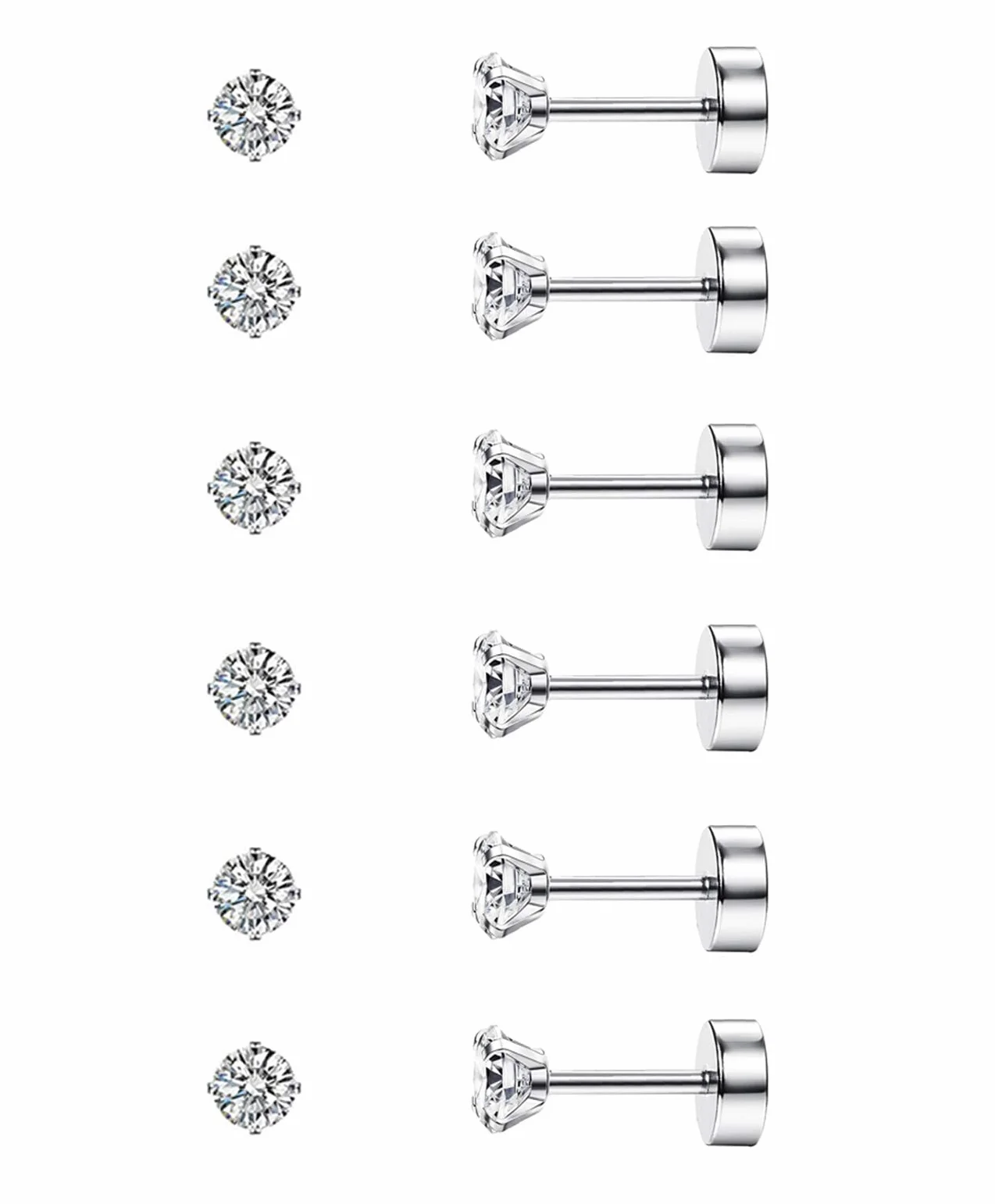 Diamday 6 par kolczyków do chrząstki 20 g dla kobiet mężczyzn dziewcząt 2-5 mm płaski tył zestaw kolczyków 316L stal chirurgiczna tragus CZ mała helix piercing biżuteria hipoalergiczna, Stal