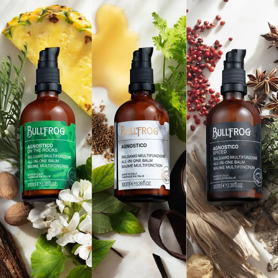 Bullfrog – Agnostico Legends zestaw balsamów: Oryginalny, Spiced i On The Rocks. Niekonwencjonalne i żywe zapachy, zmiękcza brodę i włosy, nawilża i uspokaja, 3 x 100 ml