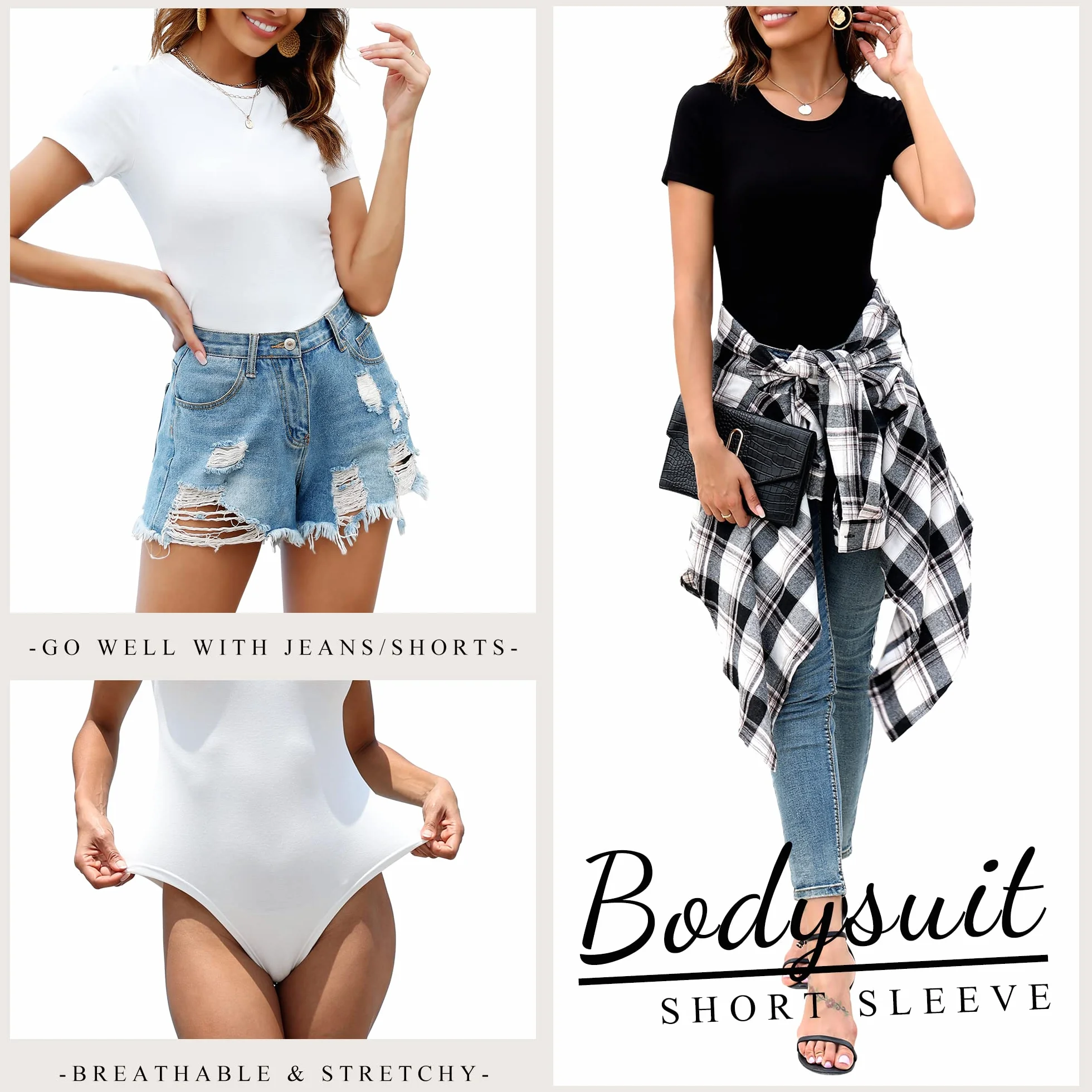 MLYENX 5-pak body dla kobiet z krótkim rękawem okrągły dekolt na co dzień rozciągliwy podstawowy t-shirt body topy