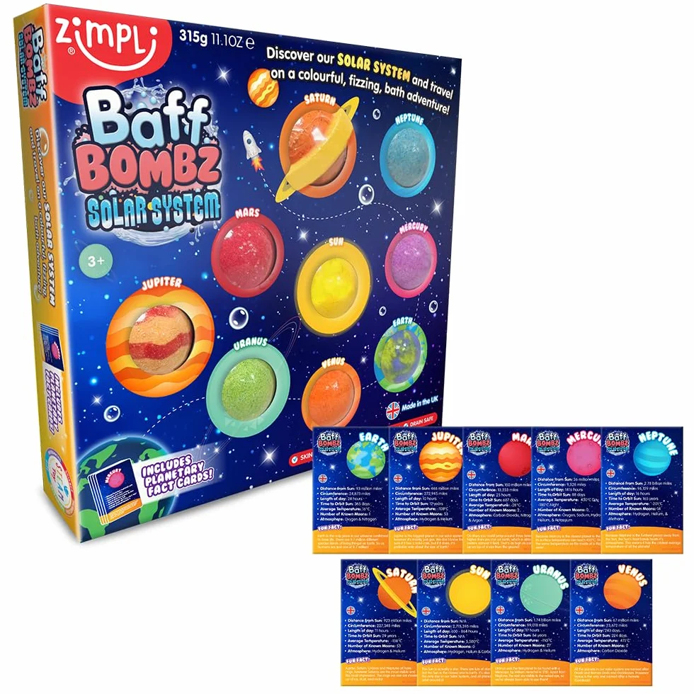 ZIMPLI - 9 x Solar System Baff Bombz, 9 kart z ciekawostkami o planetach, edukacyjne kule do kąpieli dla dzieci, zestaw do nauki o kosmosie, świąteczny prezent dla chłopców i dziewczynek