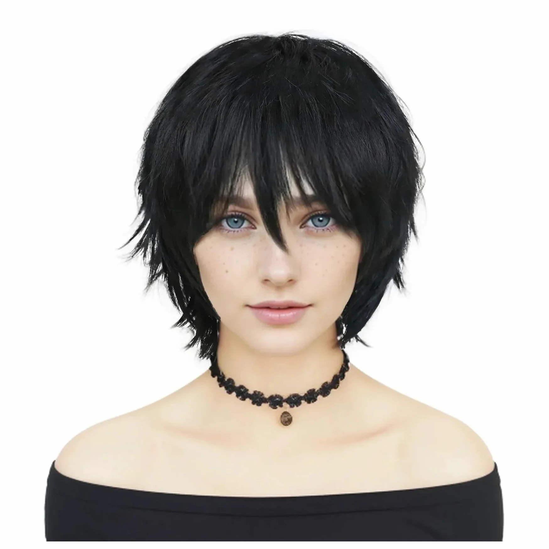 1 szt. Krótkie czarne peruki dla kobiet włosy syntetyczne peruka do cosplay z grzywką Shag kręcone fryzury Anime impreza przebierana naturalne(Pink)