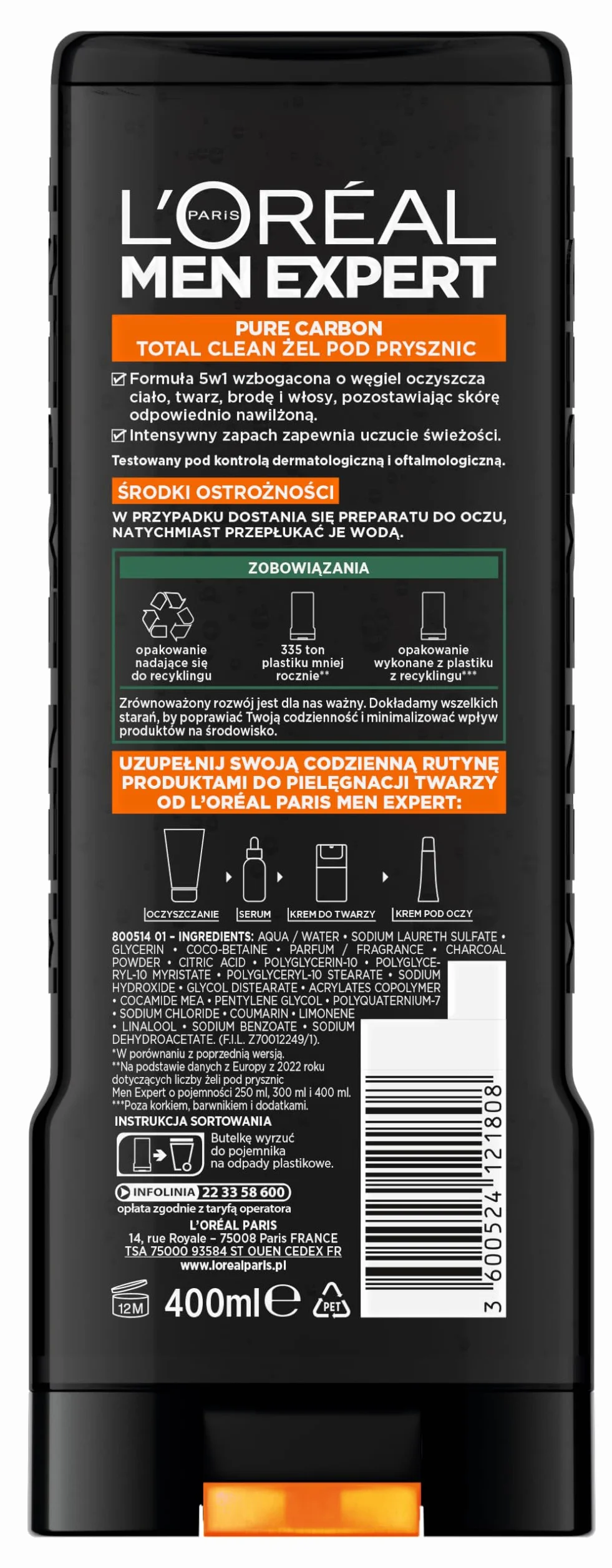 L'Oréal Paris Men Expert, Żel pod prysznic, Total Clean, 400 ml