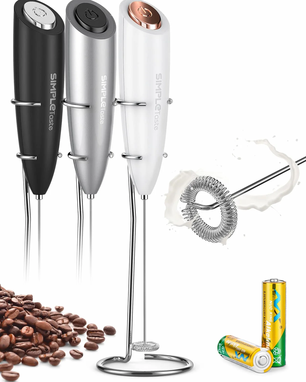 SIMPLETASTE Ręczny spieniacz do mleka, zasilany bateriami, mikser do napojów z trzepaczką ze stali nierdzewnej i stojakiem na cappuccino, kuloodporną kawę, latte