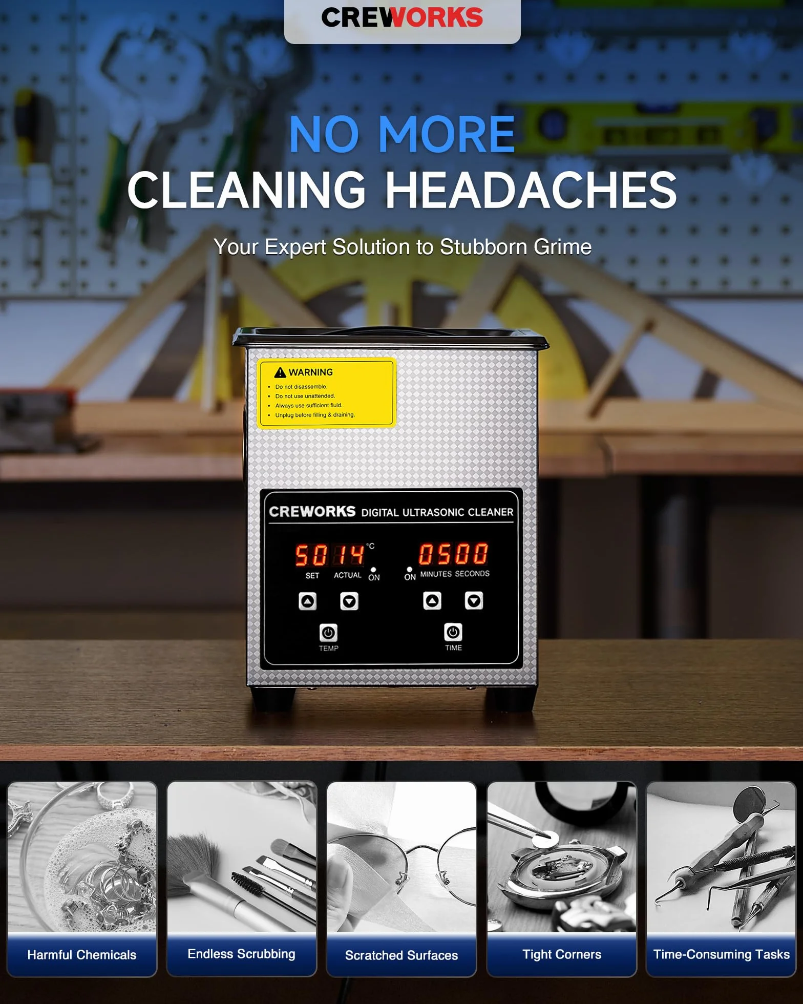 CREWORKS Urządzenie do czyszczenia ultradźwiękowego 2L Urządzenie ultradźwiękowe Czyścik ultradźwiękowy Czyszczenie Ultrasonic Cleaner z wewnętrznym koszem, ogrzewaniem i cyfrowym timerem do okularów