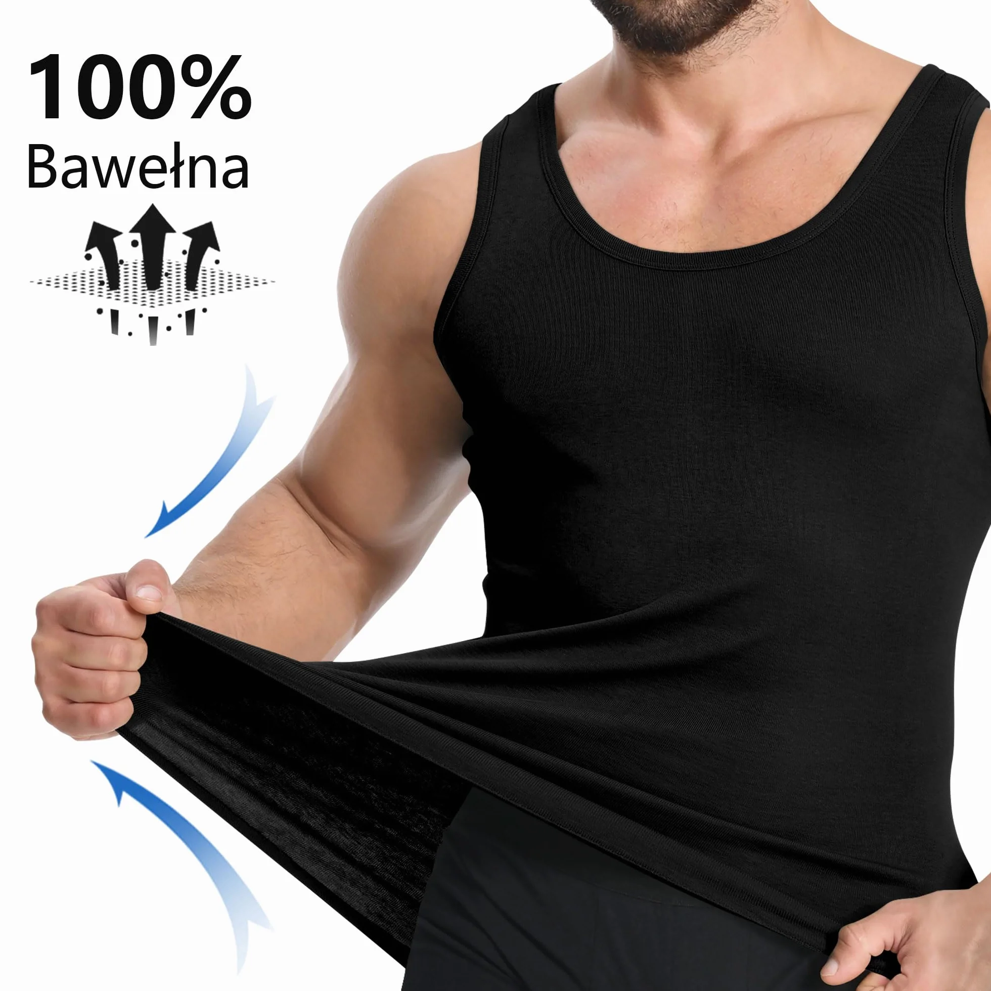YOUCHAN Podkoszulek męski, tank top, 3 sztuk, 100% bawełna, bez rękawów, bawełna, czarny, biały