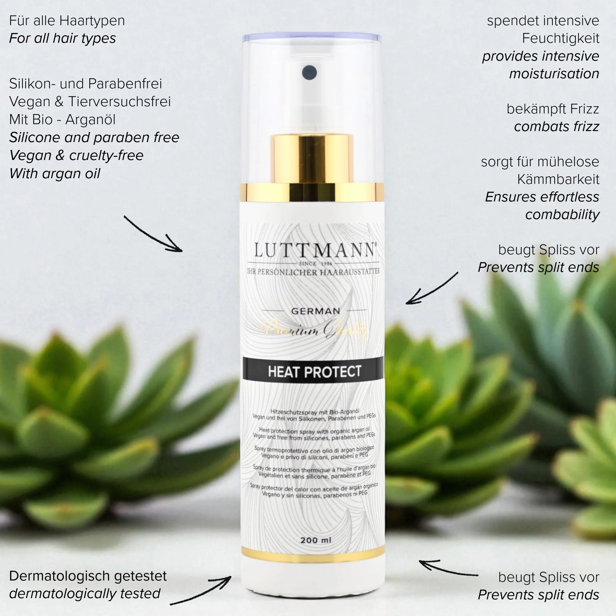Heat Protect Spray 200 ml - Spray ochronny przed wysoką temperaturą z organicznym olejem arganowym do przedłużek, peruk, tresek i naturalnych włosów - Wyprodukowano w Niemczech