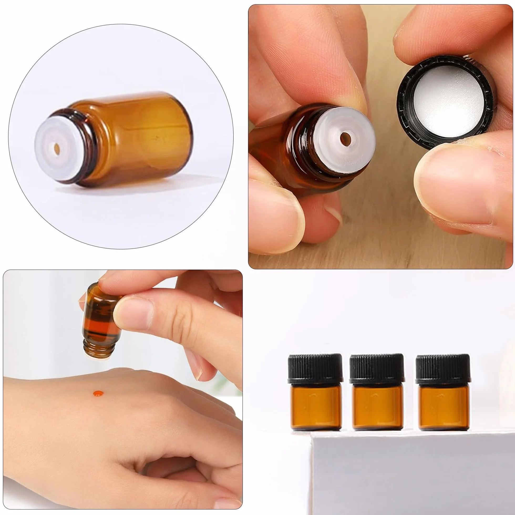 100 sztuk mini butelek szklanych z brązowego szkła 1 ml, w zestawie z pędzlem, przecinakiem do koralików, słomką i naklejkami, mini brązowe puste szklane butelki na olejki eteryczne z Orifice, do