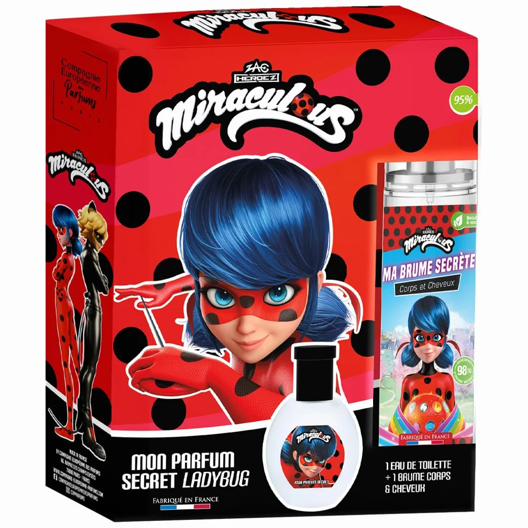 MIRACULOUS Biedronka Zestaw perfum dla dzieci dziewczynki woda toaletowa 30 ml + 1 perfumowana mgiełka 100 ml owocowo-kwiatowy zapach Wyprodukowano we Francji