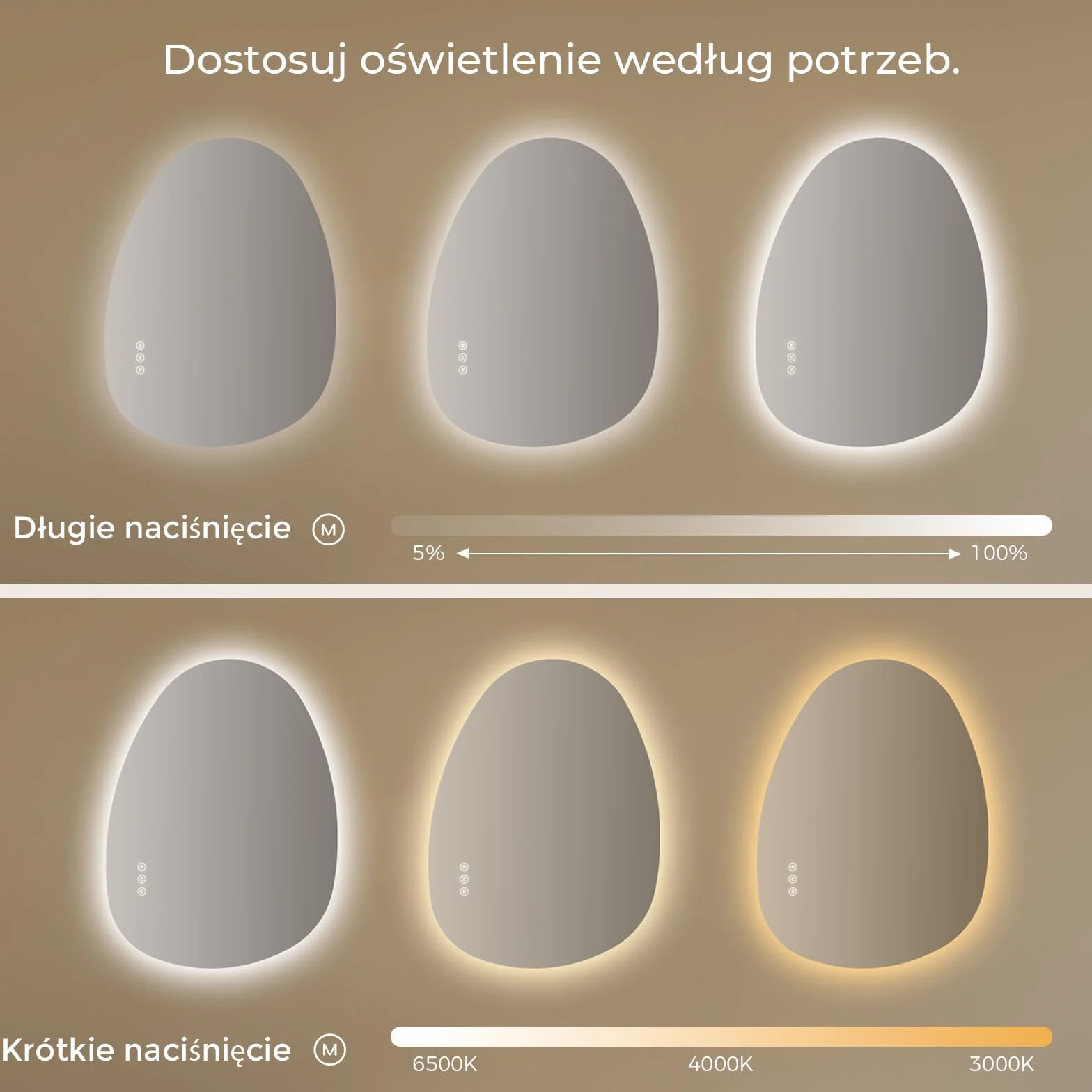S'AFIELINA Asymetryczne Lustro łazienkowe LED, Lustro z oświetleniem LED 55x75 cm, Backlight, Antypara, 3000K/4000K/6500K, Ściemnialne, Funkcja pamięci, Sterowanie dotykowe, Montaż pionowy/poziomy