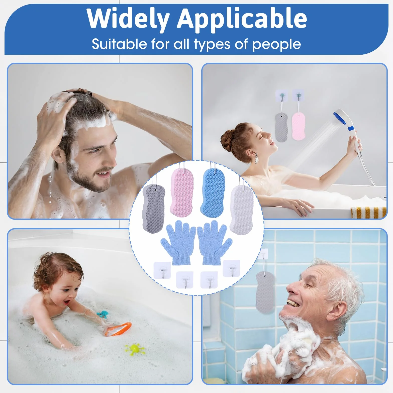 Gąbka do kąpieli peelingująca, 4 sztuki, ultra miękka gąbka do kąpieli, delikatny peeling, z rękawiczkami kąpielowymi i 4 haczykami, peeling wielokrotnego użytku, dla dorosłych, dzieci i kobiet