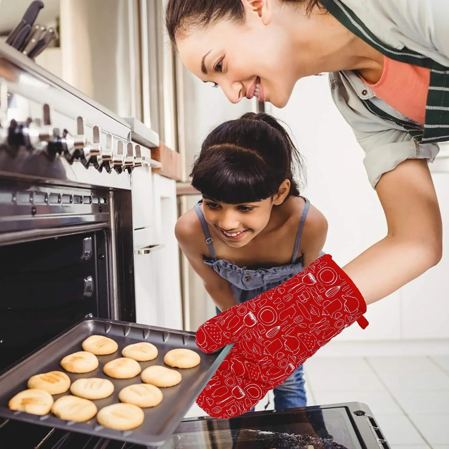 Rękawice kuchenne i garnki zestaw rękawic do pieczenia odporne na wysoką temperaturę 1 rękawice do garnków i 2 rękawice kuchenne do kuchni gotowanie pieczenia BBQ grillowanie 3 sztuki (czerwone)