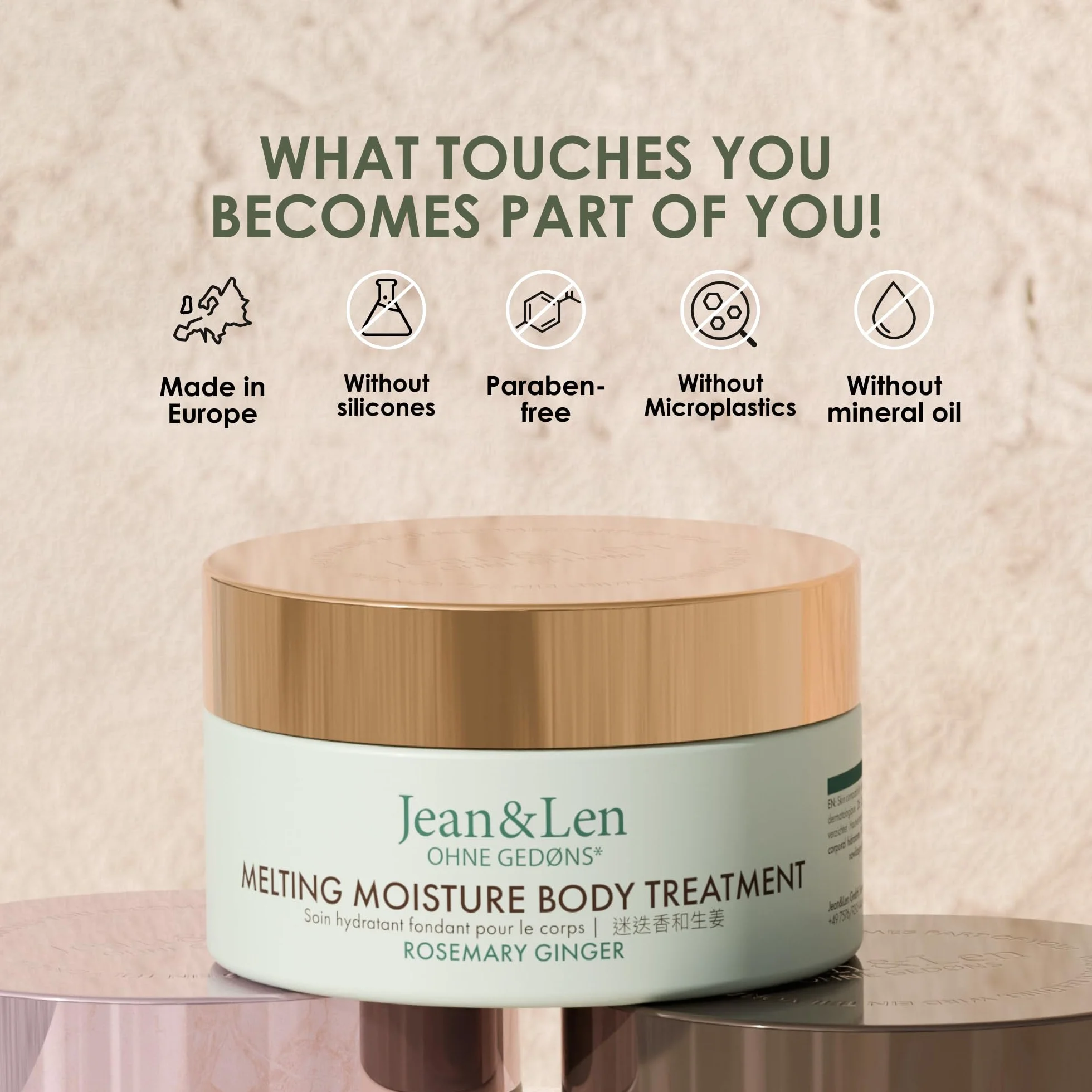 Jean & Len Melting Moisture Body Treatment Rosemary & Ginger, dla pachnących rezultatów pielęgnacji, do skóry normalnej, wysokiej jakości tygiel, pielęgnujące masło do ciała, bez parabenów i