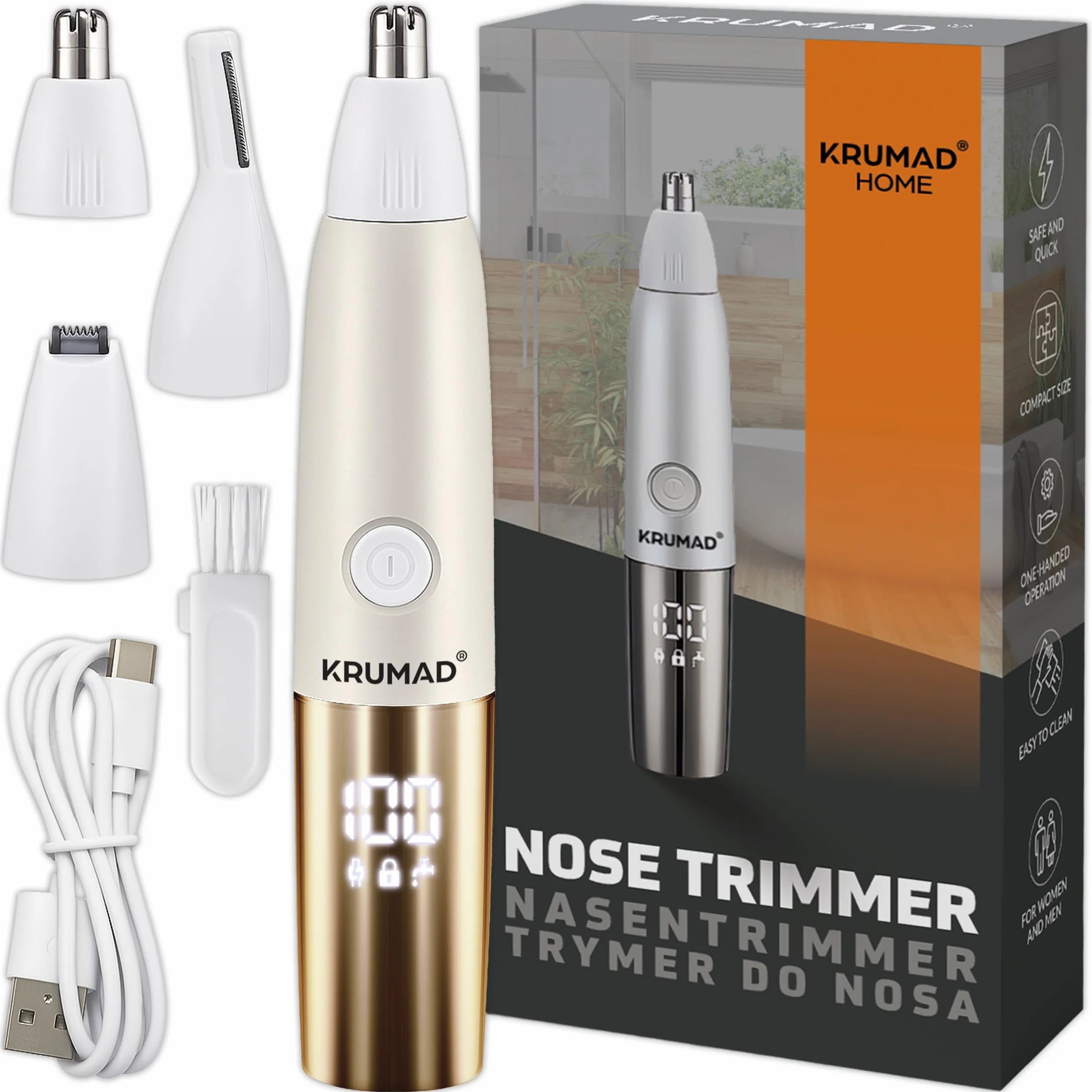 KRUMAD Trymer do nosa 3w1 Elektryczny z wyświetlaczem cyfrowym i ładowaniem USB Typ-C Wodoodporny