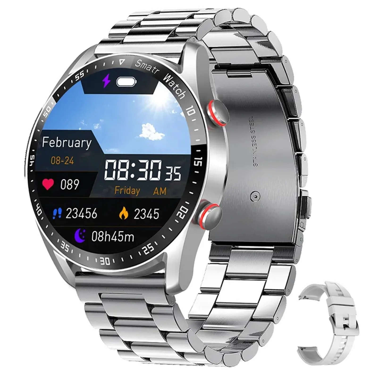 Inteligentny Zegarek Bluetooth Call Mężczyźni Wodoodporny Wyświetlacz Sportowy Fitness Męski Smartwatch (Color : Steel strip silver)