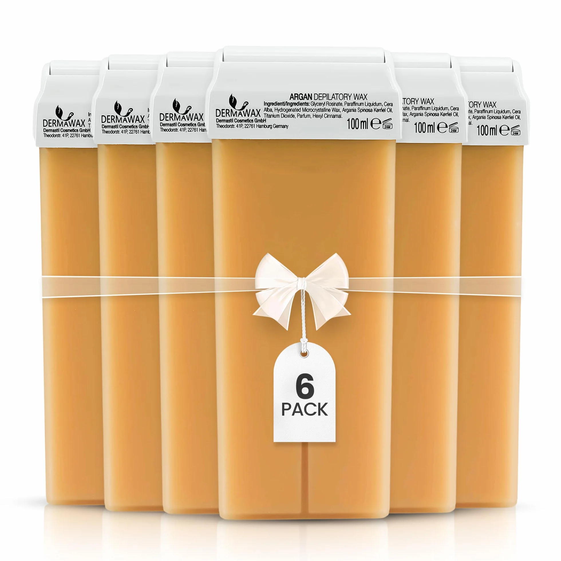 DERMAWAX 6 x 100 ml arganowy wkład do wałka woskowego, zestaw uzupełniający do woskowania z paskami woskowymi, idealny dla skóry wrażliwej, nóg, ramion, pod pachami, klatki piersiowej i pleców, 600 ml