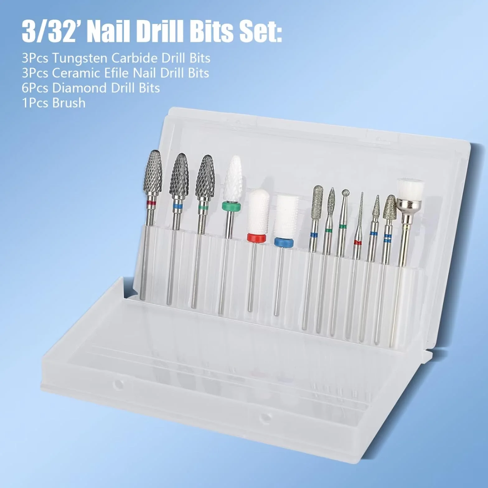 Depvko Zestaw wierteł do paznokci, 13 szt., węglik wolframu + 3 szt. ceramiczny efile + 6 szt. diamentów + 1 szczotka 0,2 cm do manicure, pedicure, salonu domowego