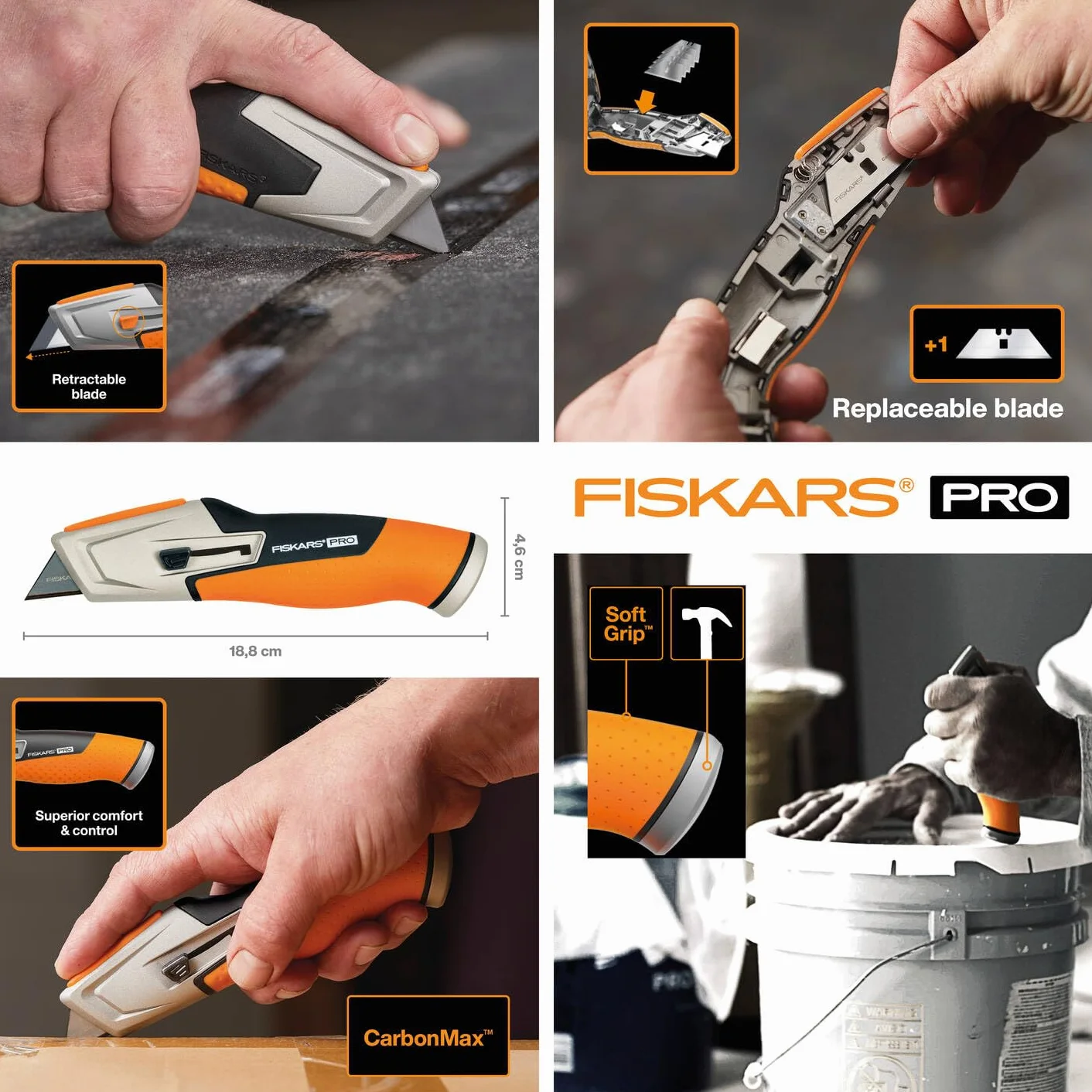 Fiskars Nóż uniwersalny z wysuwanym ostrzem, Długość 17,7 cm, Stal nierdzewna/ tworzywo, czarny/ pomarańczowy, CarbonMax, 1027223