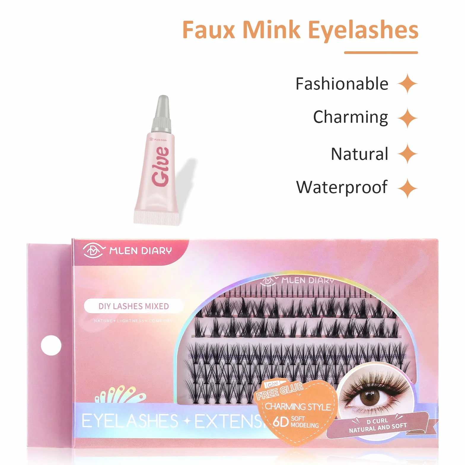 MLEN DIARY Pojedyncze rzęsy Manga Lashes Diy do przedłużania rzęs, 128 Cluster C Curl z klejem, pojedyncze, naturalne, miękkie rzęsy do użytku domowego