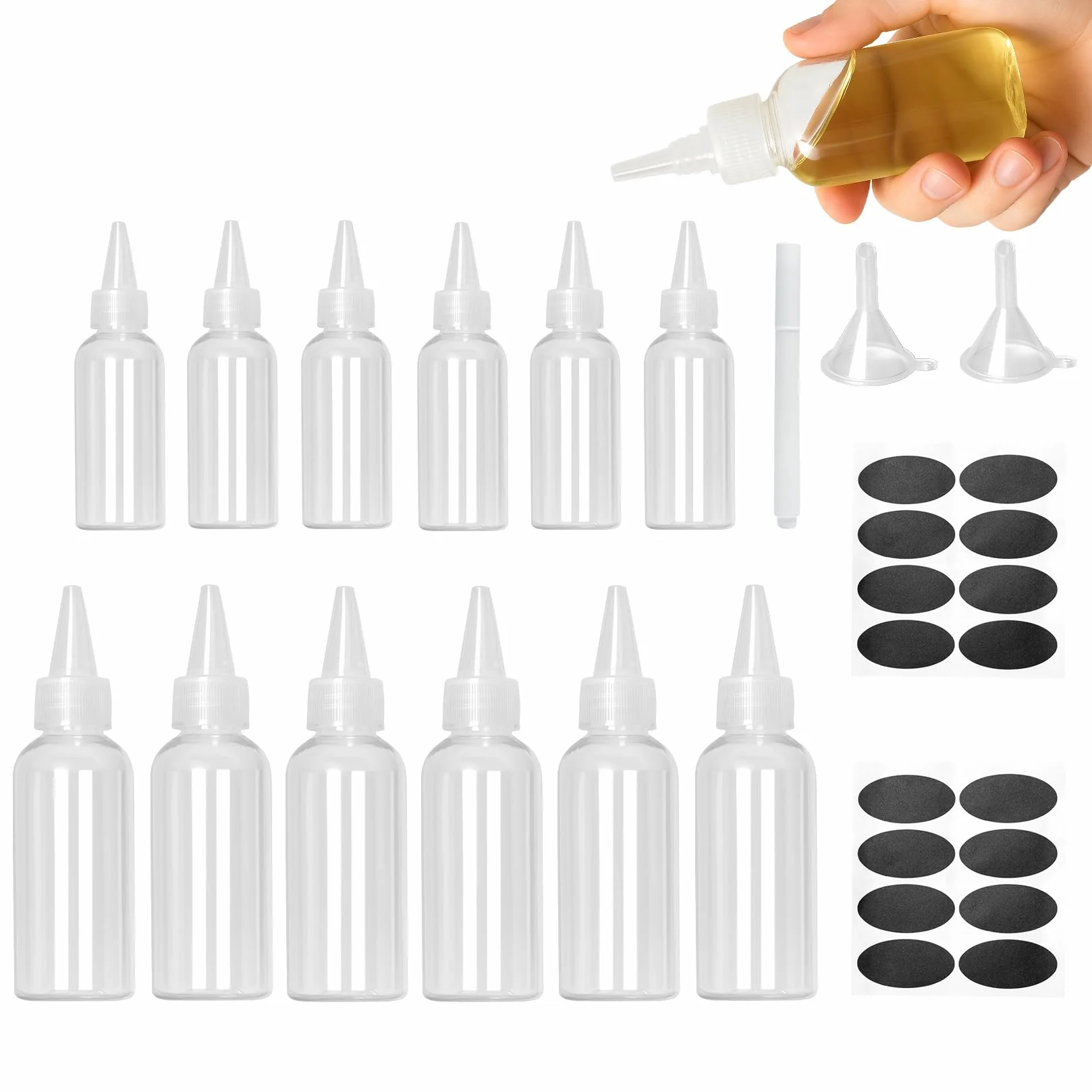 12 Sztuk Butelek do Wyciskania, Małe Butelki Squeeze 100ml 60ml, Butelki na Sos do Oleju BBQ Gotowania, Aplikator do Sosów z Dozownikiem, z 2 Lejkami, 1 Naklejką, 1 Długopisem