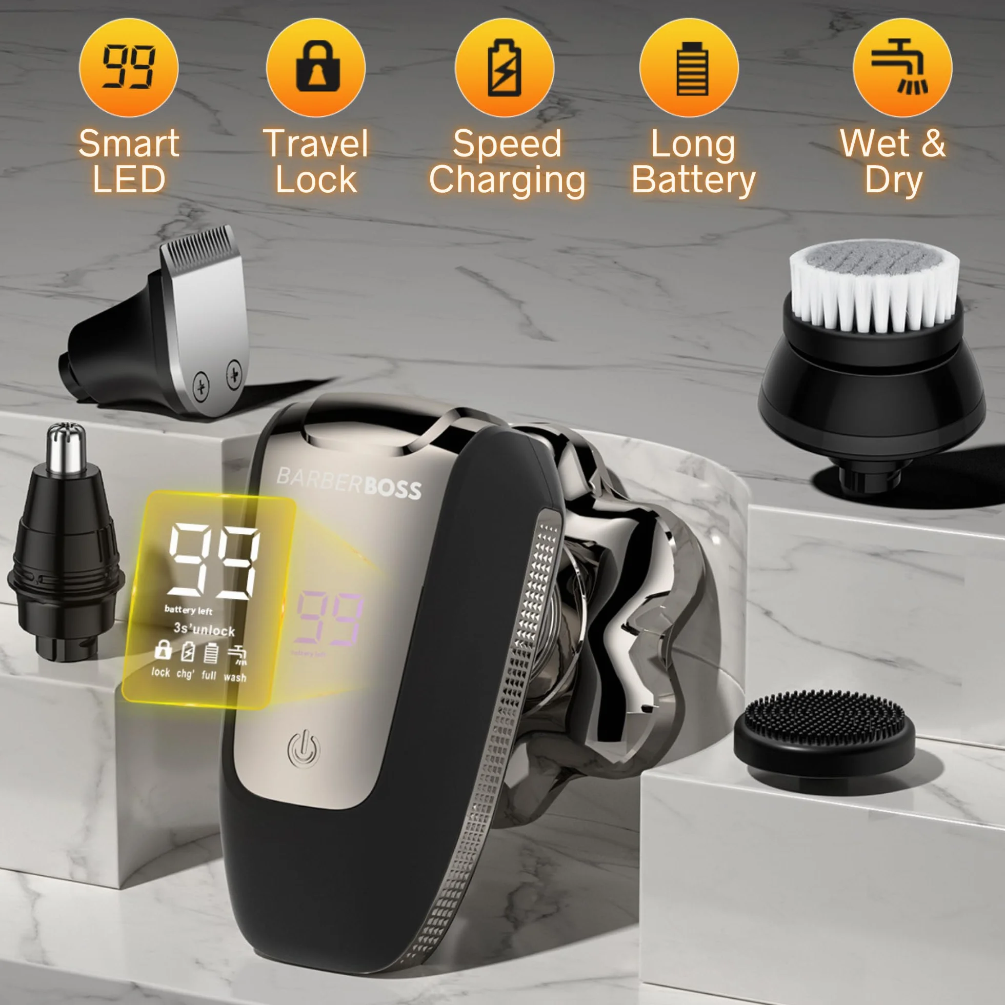BarberBoss Golarka obrotowa 7D 5 w 1 z wyświetlaczem LED, ładowanie USB-C, trymer do brody i nosa, zestaw do pielęgnacji twarzy