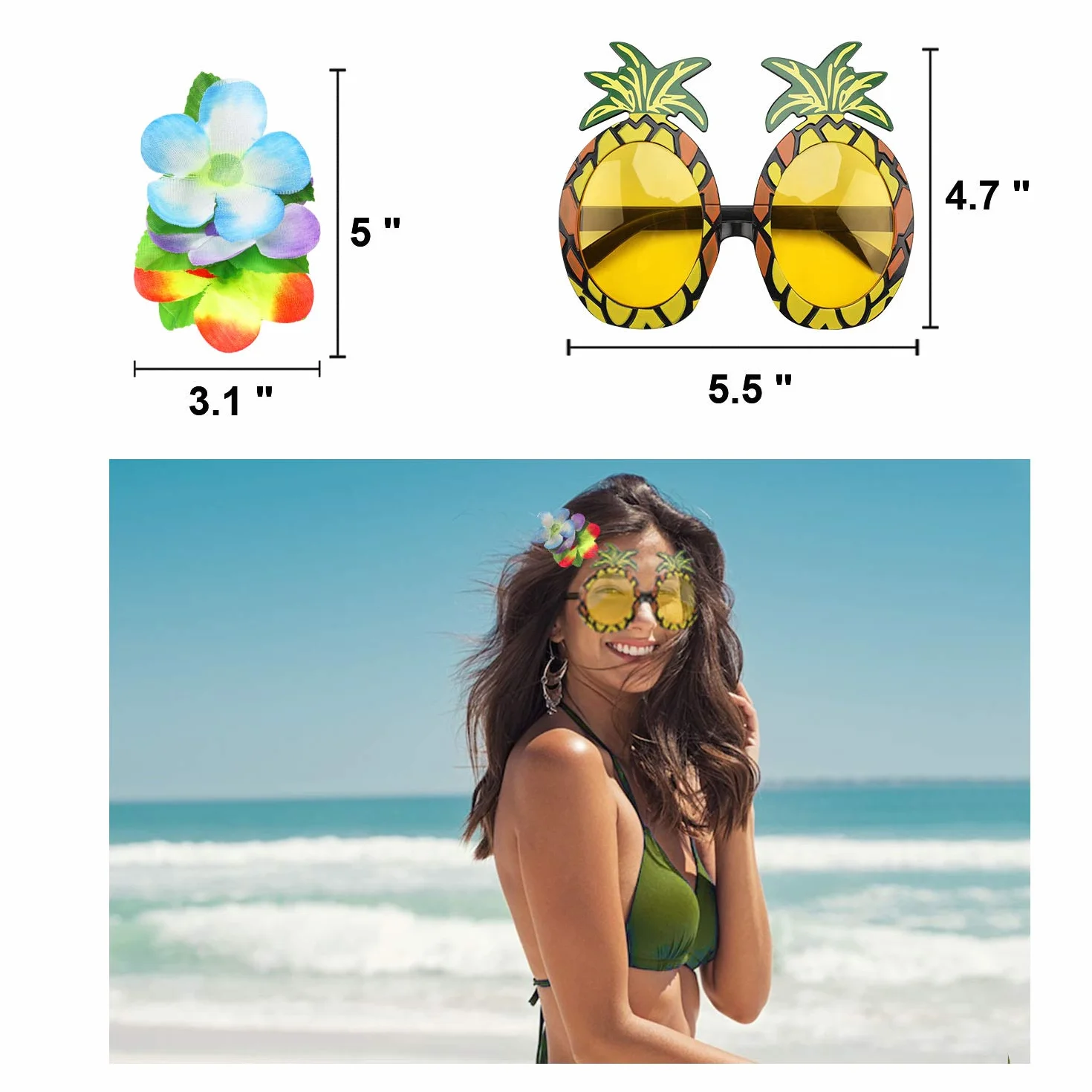 PHOGARY Zestaw akcesoriów do kostiumu hula Luau Party: tańcząca kula, kwiatowy bikini, hawajskie Lea, klipsy do włosów, okulary przeciwsłoneczne