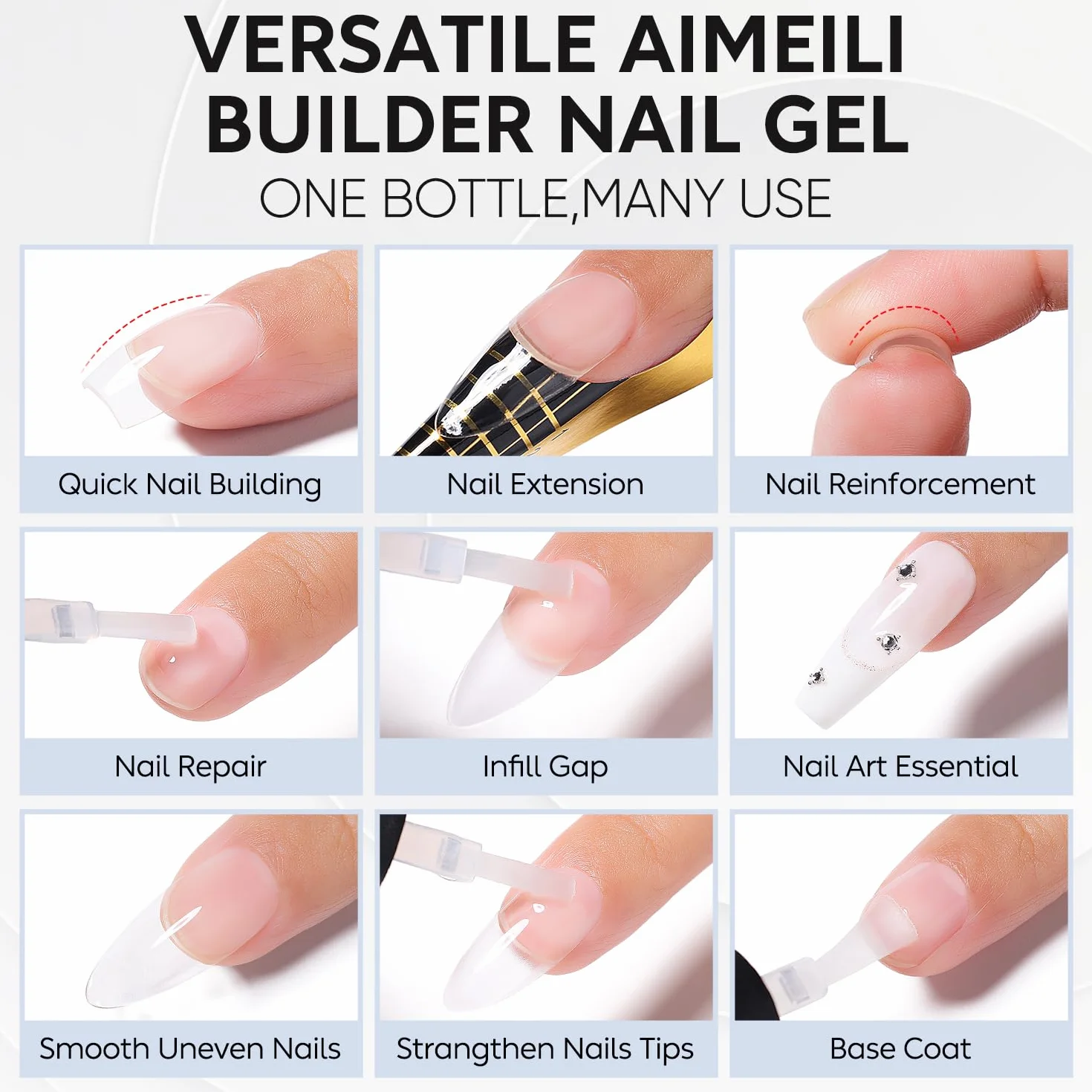 AIMEILI Builder Gel Nail Rubber Base Top Coat Półtrwały, 3 x 8 ml, 7 IN 1 Builder Gel Rubber Base i Top Coat Półtrwały UV LED Soak Off Set