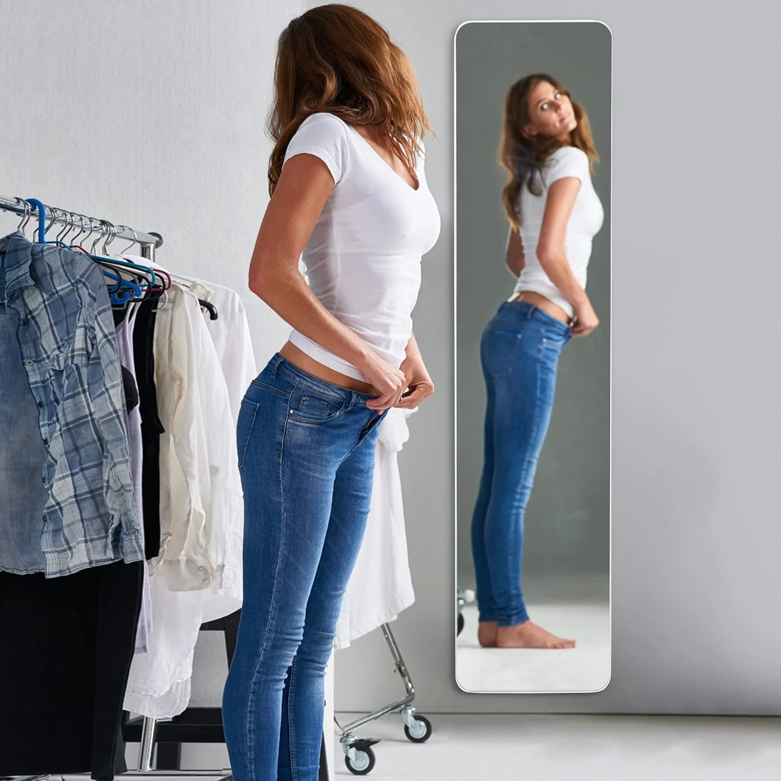 GOPLUS 2 w 1 Lustro Obejmujące Całą Sylwetkę, Duże Lustro Stojące 155 cm × 37 cm z Ramą z Litego Drewna & Haczykami, HD Lustro Ścienne z Ochroną Przed Rozbiciem, Lustro Stojące do Drzwi, Salonu