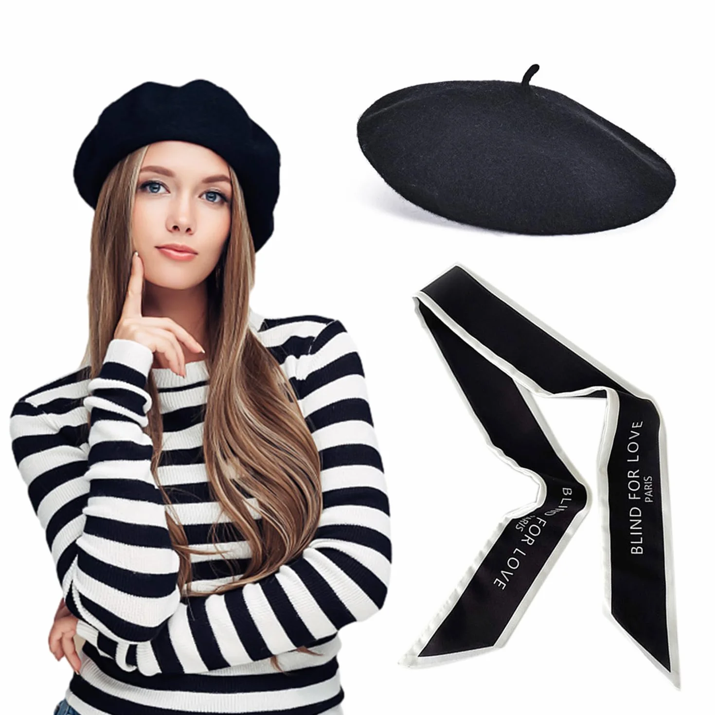 1 x francuski beret z 1 jedwabnym szalikiem, czapka beanie dla kobiet, czapka zimowa retro, miękka i lekka, modna biżuteria, nadaje się na spotkania z przyjaciółmi, dekoracja na imprezę (czarna),