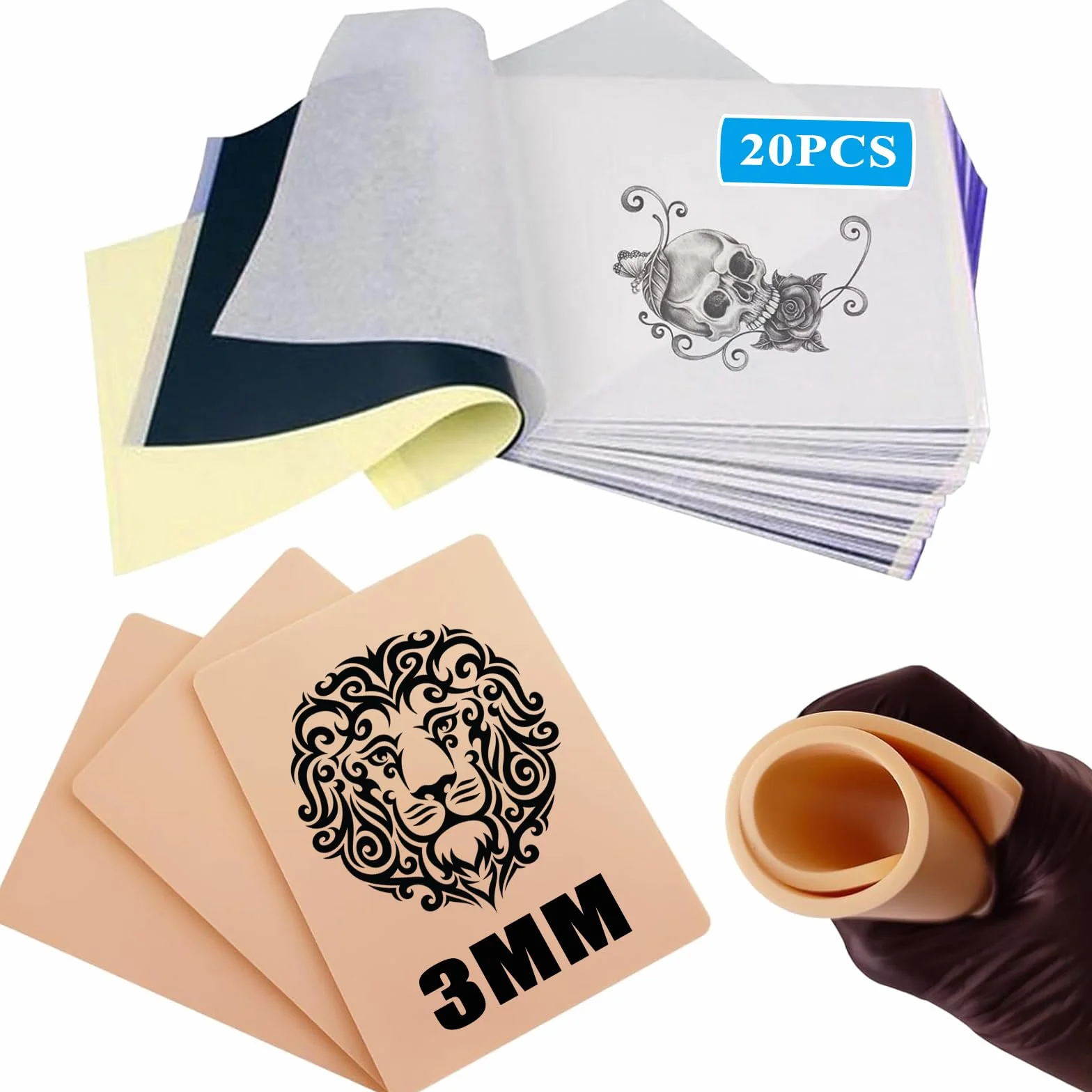 Emalla 3 szt. sztucznej skóry do tatuażu z 20 szt. papieru transferowego - zestaw skóry do ćwiczeń tatuażu i papieru szablonowego dla początkujących i artystów