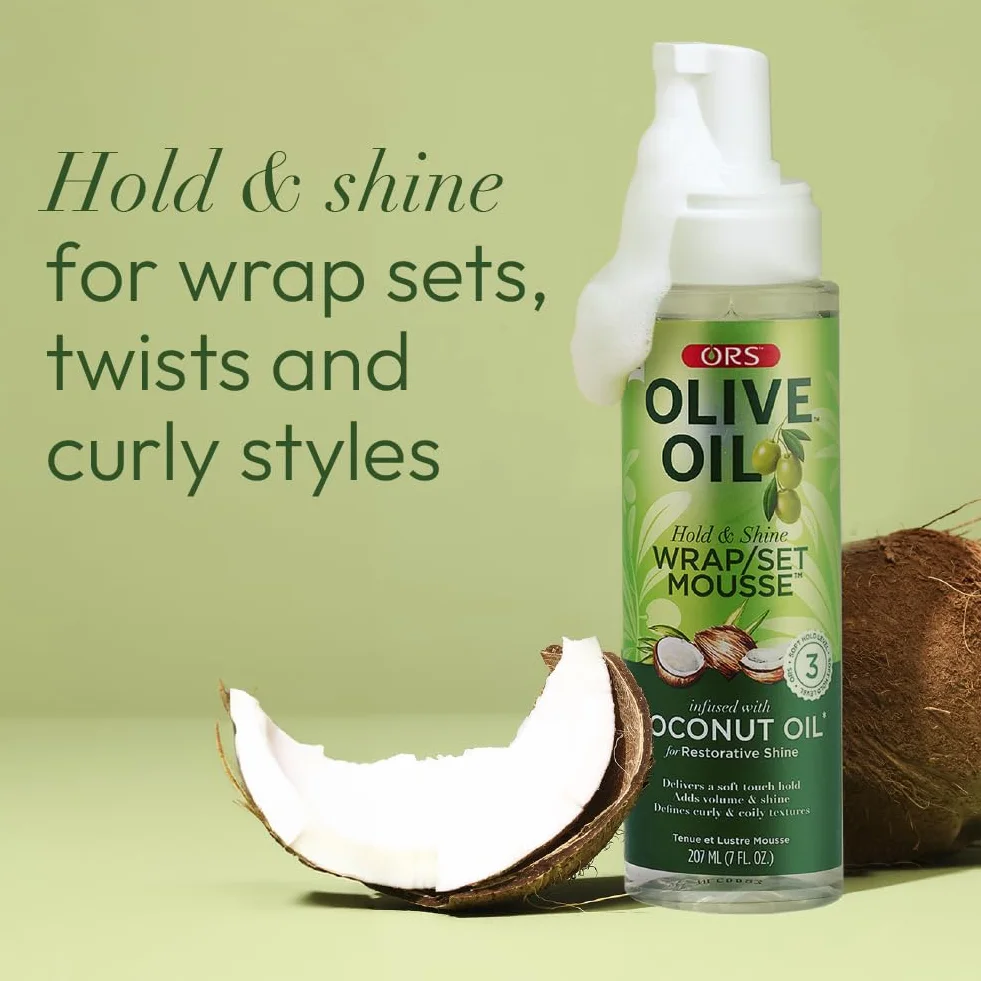 ORS Olive Oil Hold & Shine Wrap Set 207 ml - Pianka do włosów 207 ml - z kolagenem, pantenolem i oliwą z oliwek dla zdrowych, nawilżonych i lśniących włosów bez ich obciążania.
