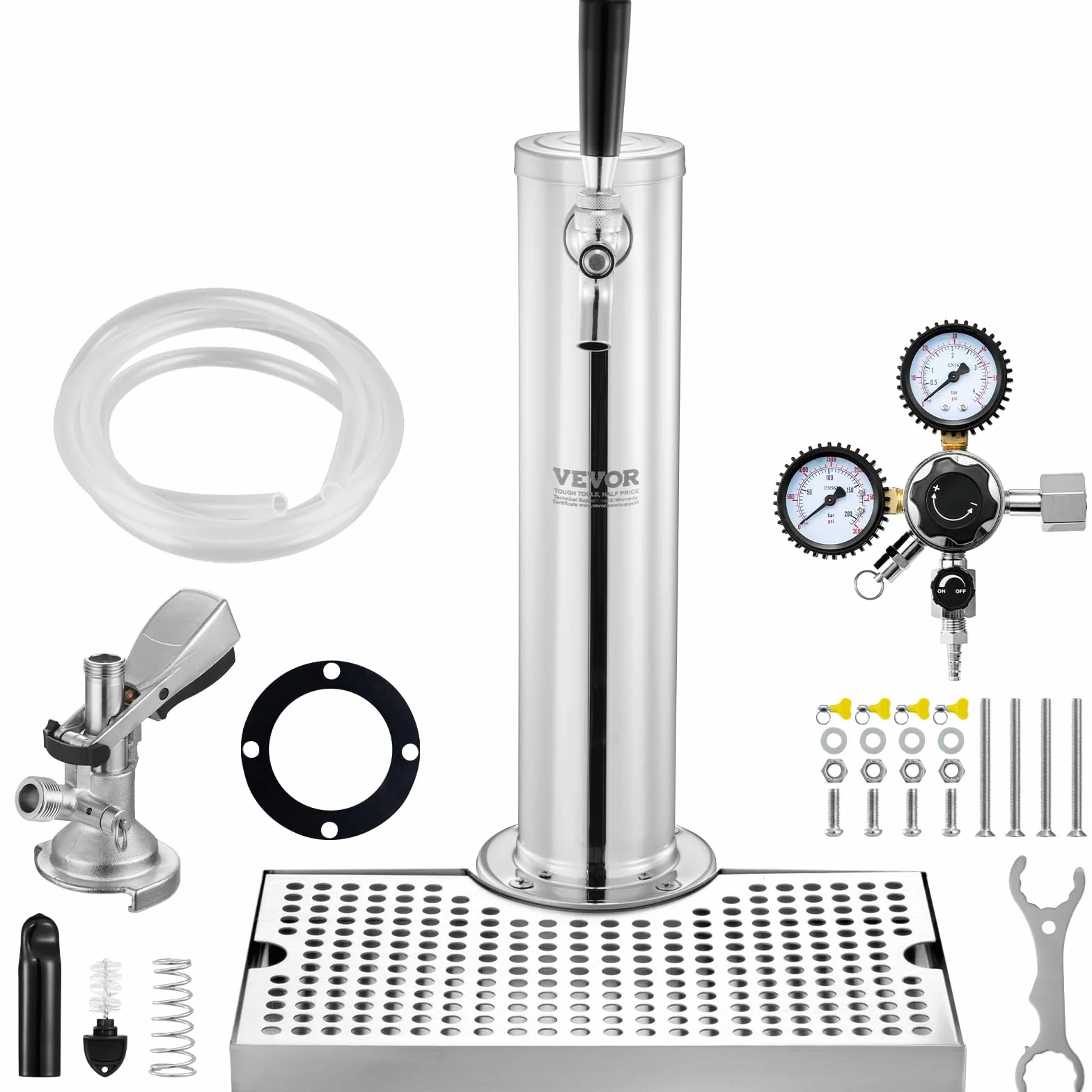 VEVOR Kegerator zestaw do konwersji piwa, pojedynczy kranik do piwa, nalewak do wieży piwnej ze stali nierdzewnej z podwójnym urządzeniem pomiarowym W21.8 i sprzęgłem beczkowym systemu A, tacka