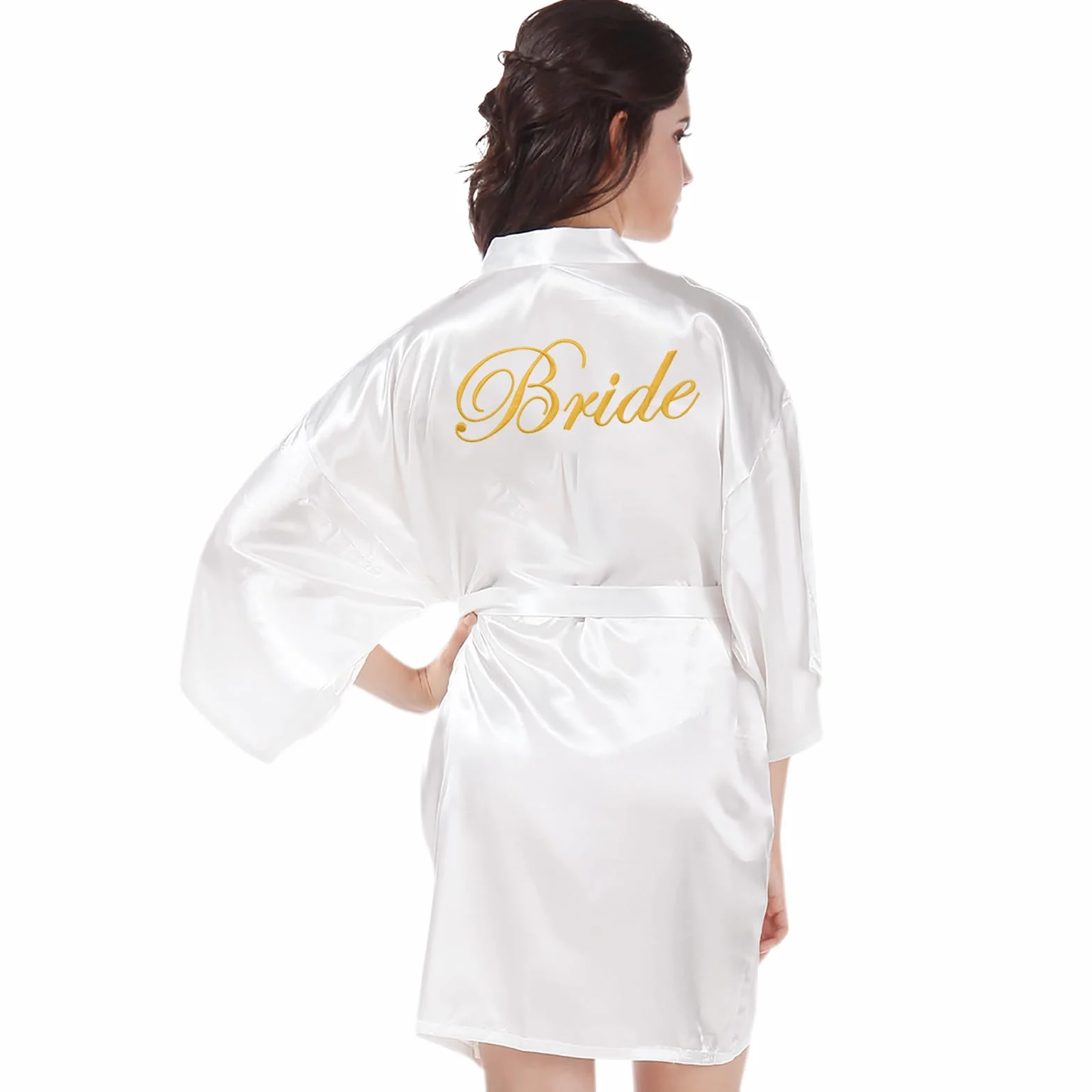 Bride Szlafrok satynowy kimono – luksusowy szlafrok kąpielowy z dekoltem w serek, ze złotym haftem i paskiem, idealny na ślub, wieczór panieński, wieczór panieński, wieczór panieński