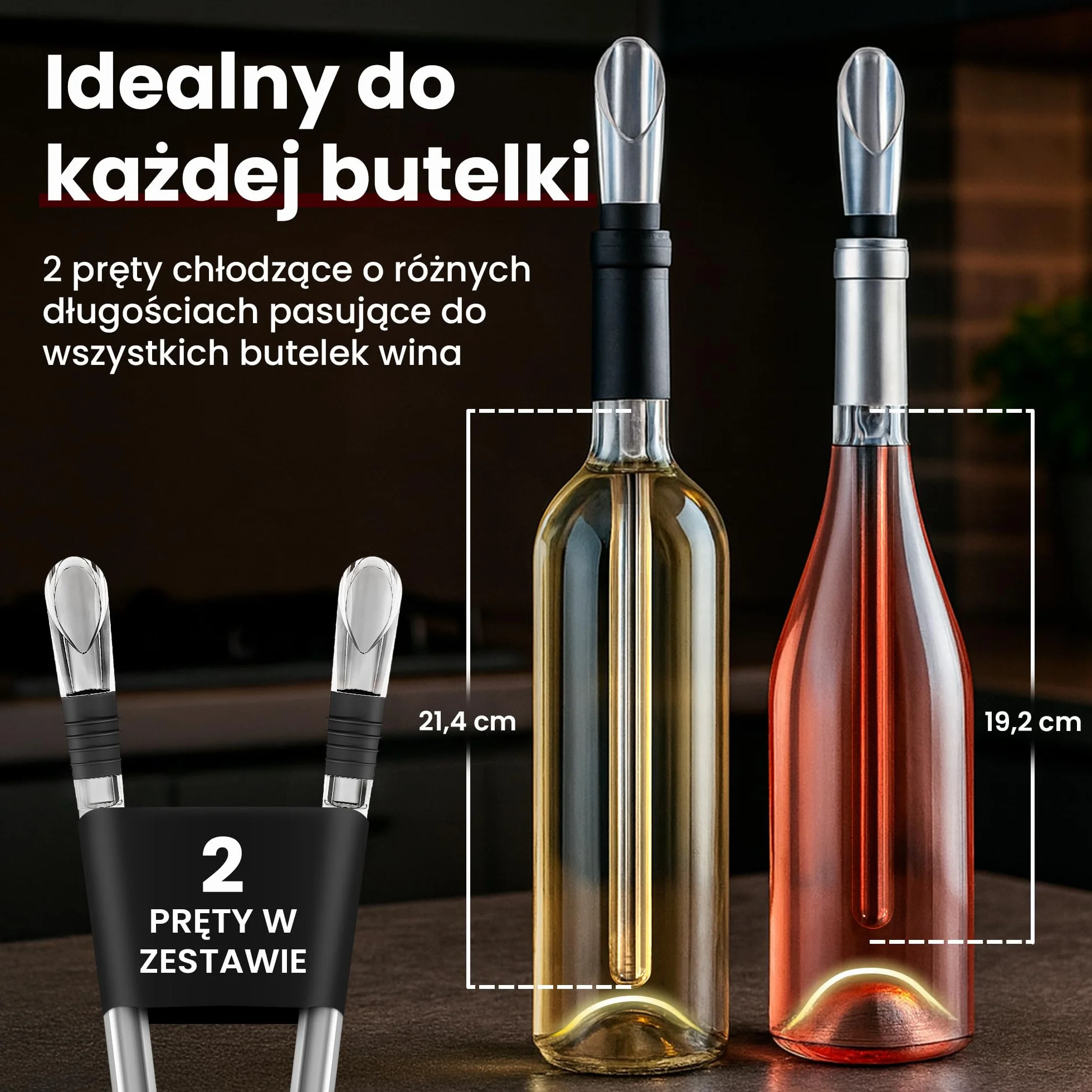 Brendo Chłodziarka do wina 4w1 – Pręt chłodzący ze stali nierdzewnej | Chłodzenie butelek z 2 długościami prętów + nalewak do wina + dekanter + korek | Zestaw prezentowy do wina dla mężczyzn i kobiet
